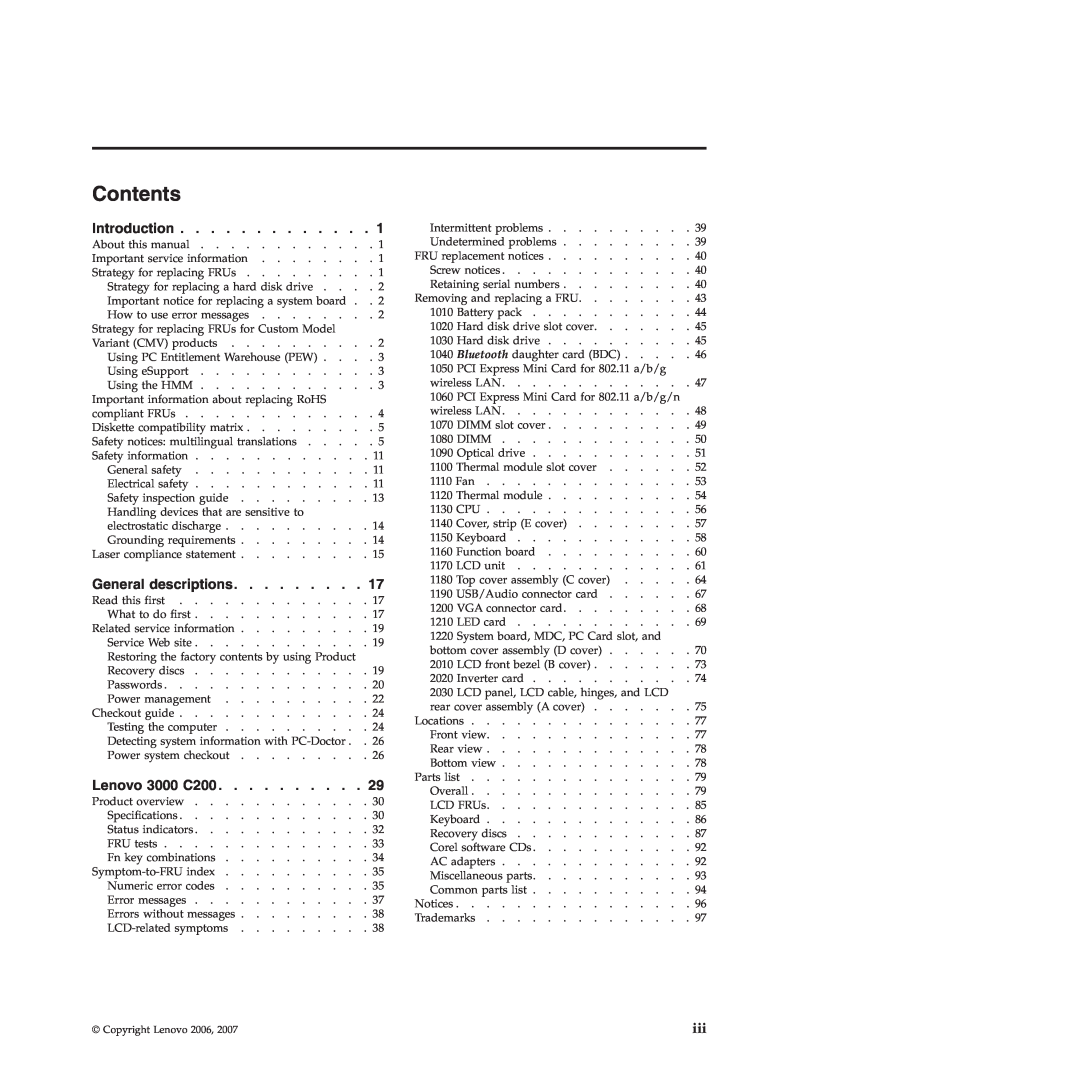 Lenovo manual Contents, Introduction, General descriptions, Lenovo 3000 C200 