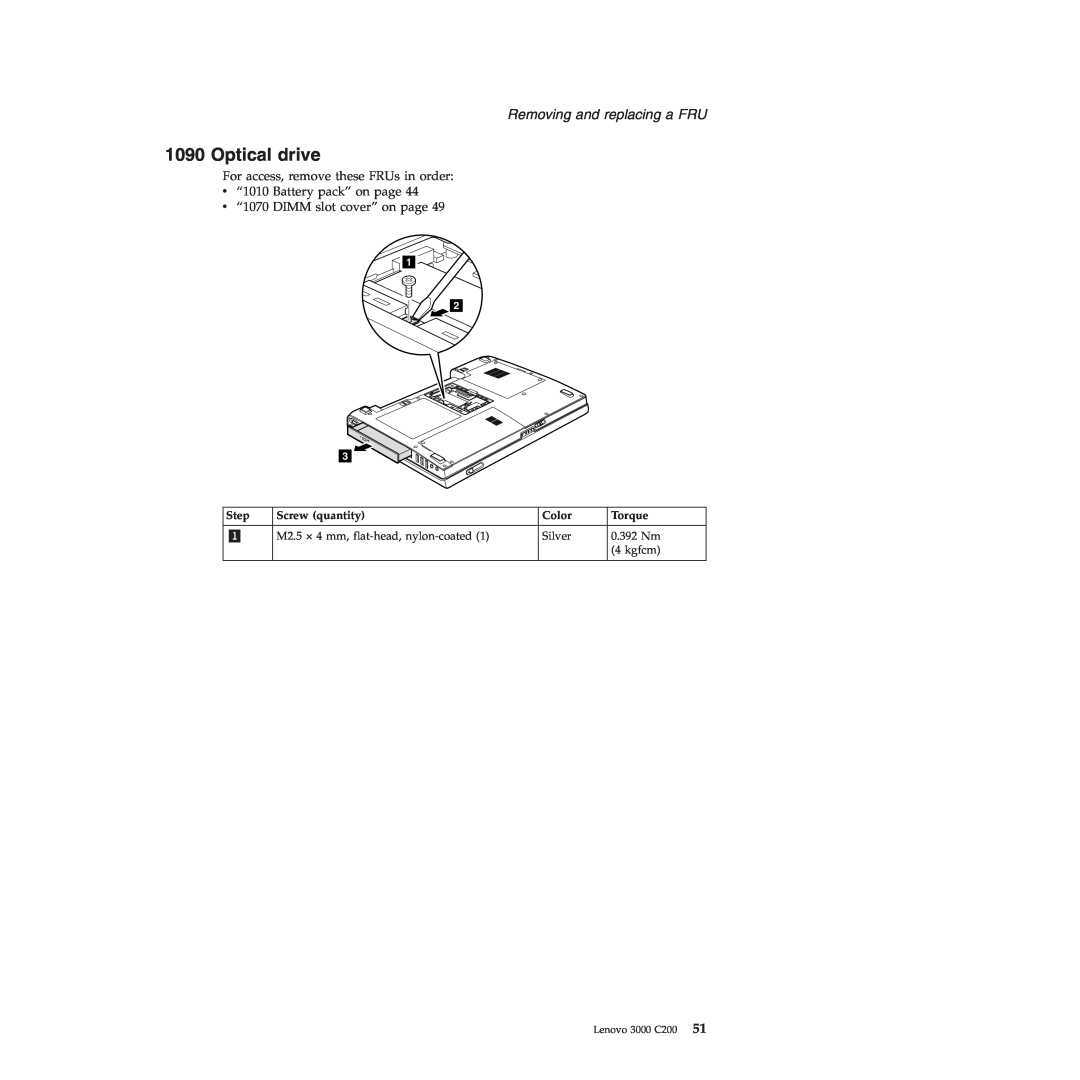 Lenovo manual Optical drive, Removing and replacing a FRU, 1 2 3, Lenovo 3000 C200 