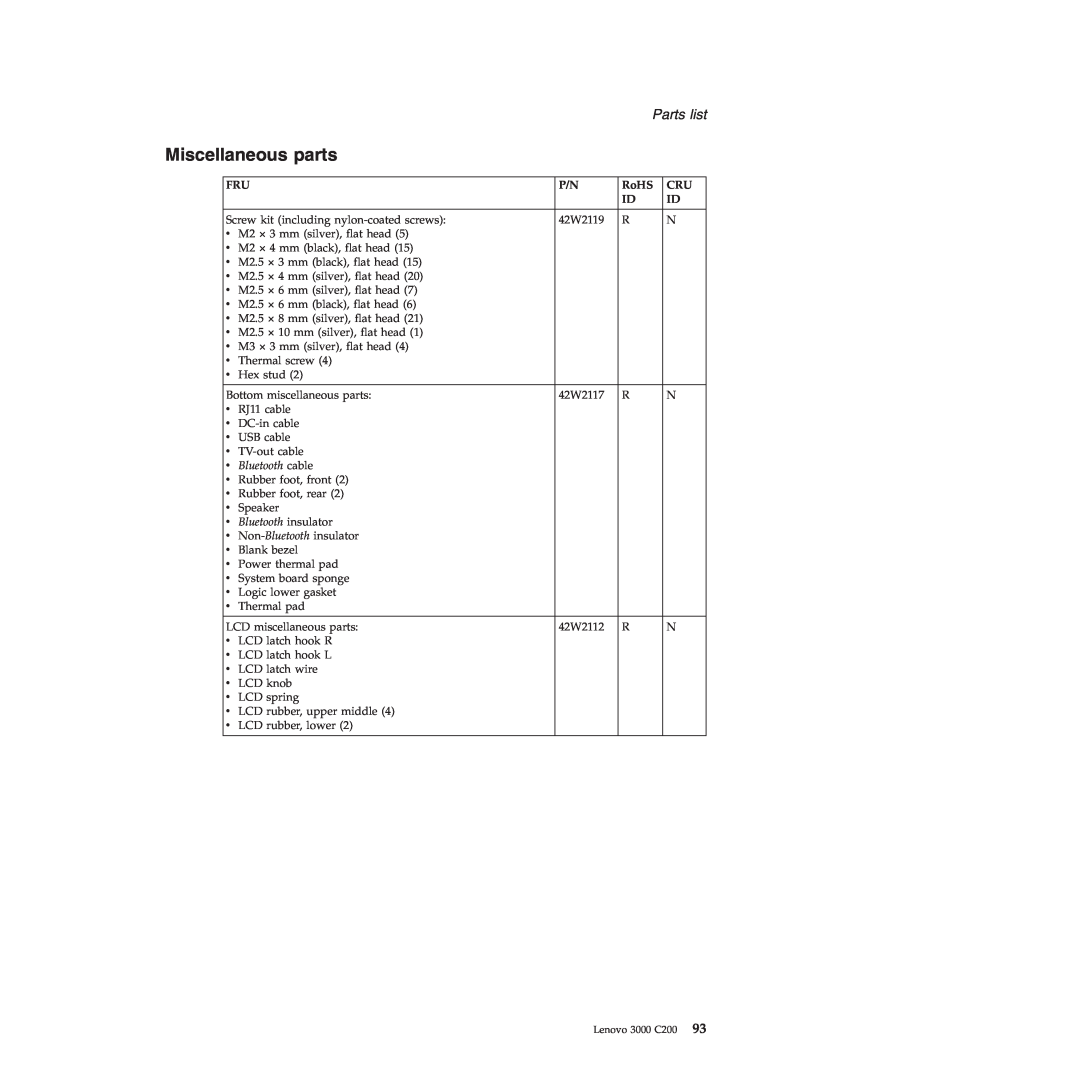 Lenovo 3000 C200 manual Miscellaneous parts, Parts list 