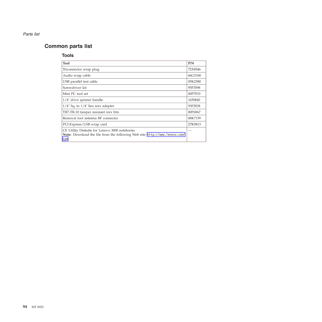 Lenovo 3000 C200 manual Common parts list, Tools 