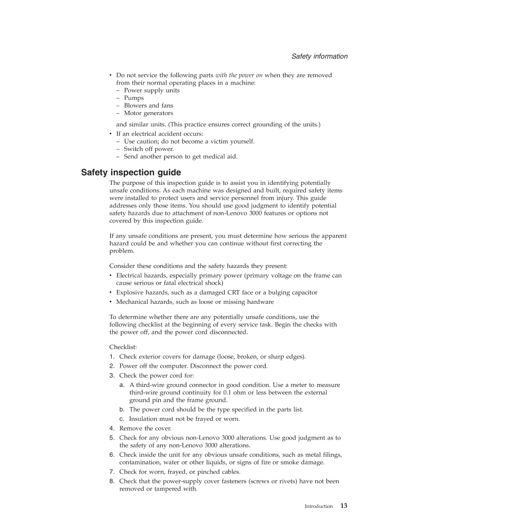 Lenovo 3000 C200 manual Safety inspection guide 