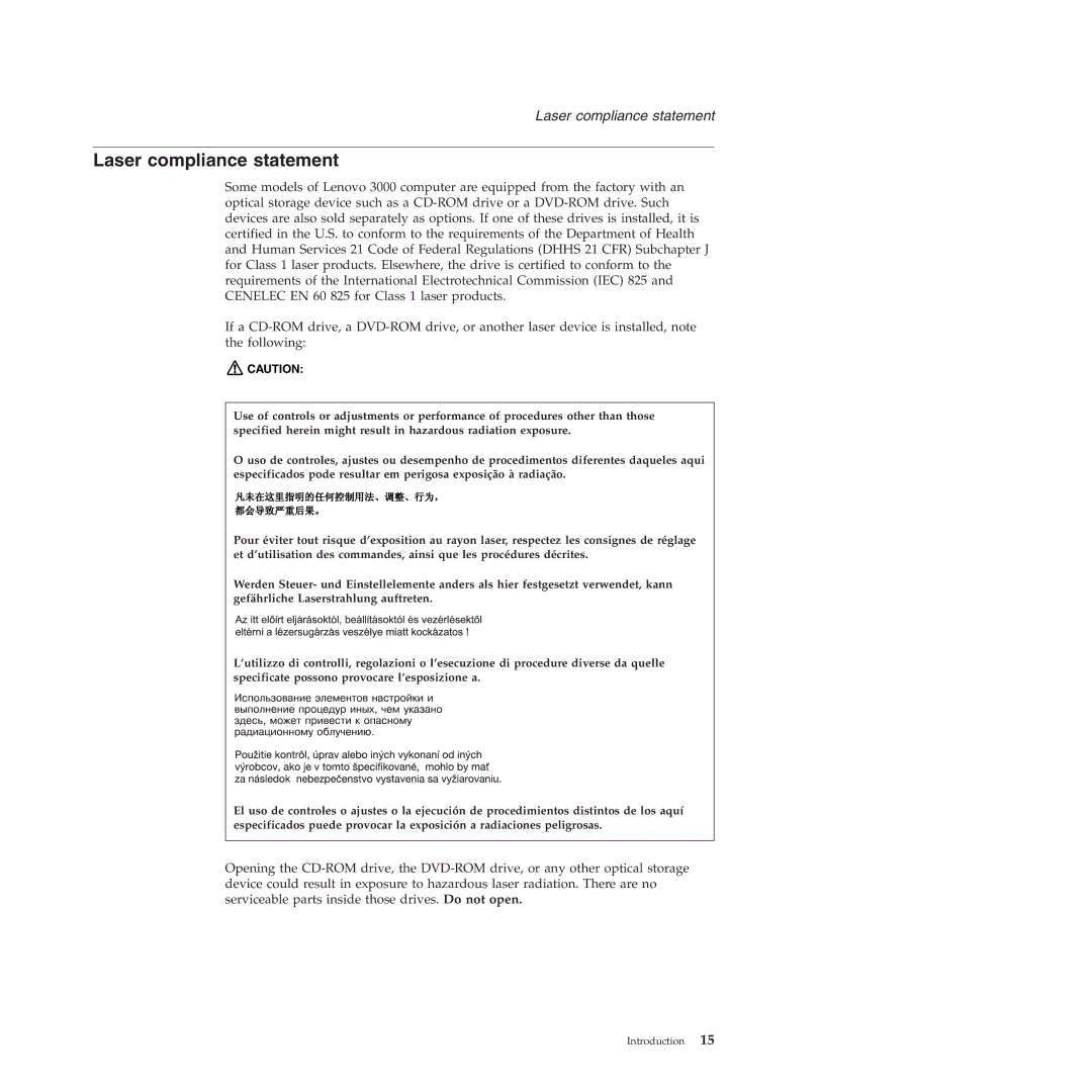 Lenovo 3000 C200 manual Laser compliance statement 