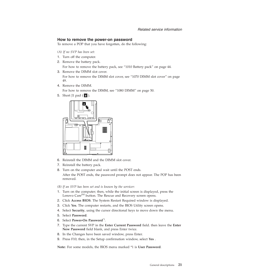 Lenovo 3000 C200 manual How to remove the power-on password, If no SVP has been set 