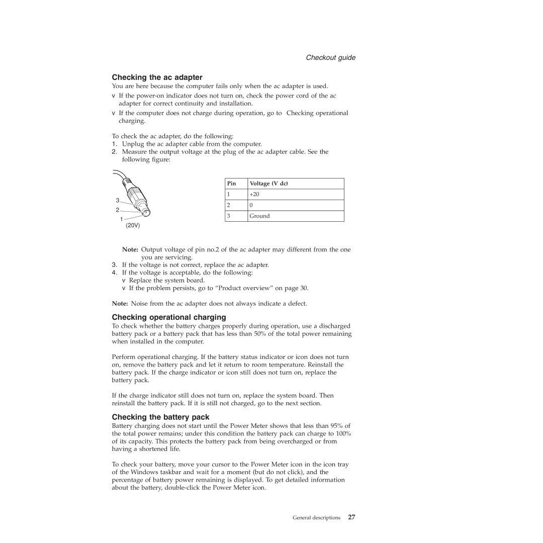 Lenovo 3000 C200 manual Checking the ac adapter, Checking operational charging, Checking the battery pack 