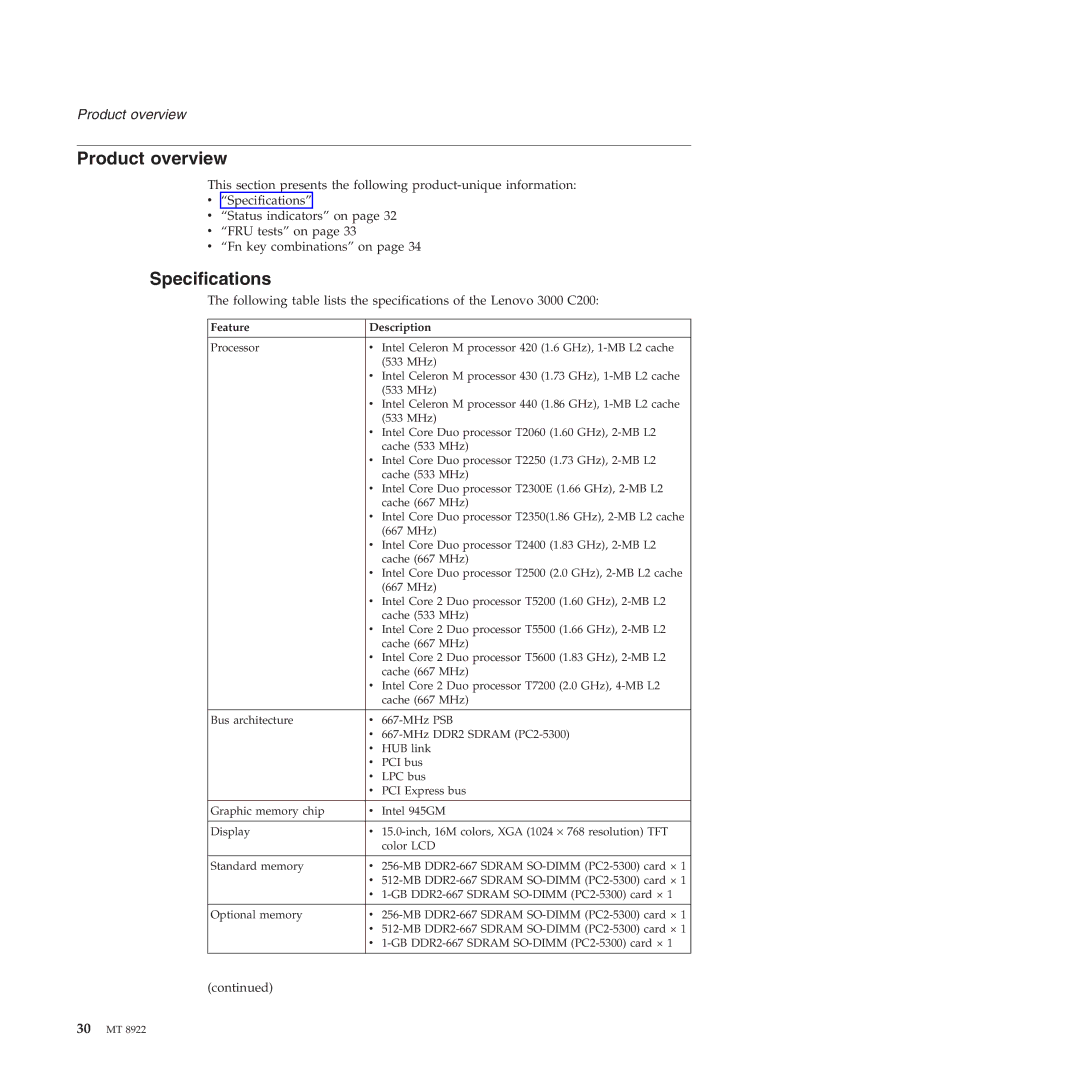 Lenovo 3000 C200 manual Product overview, Specifications 