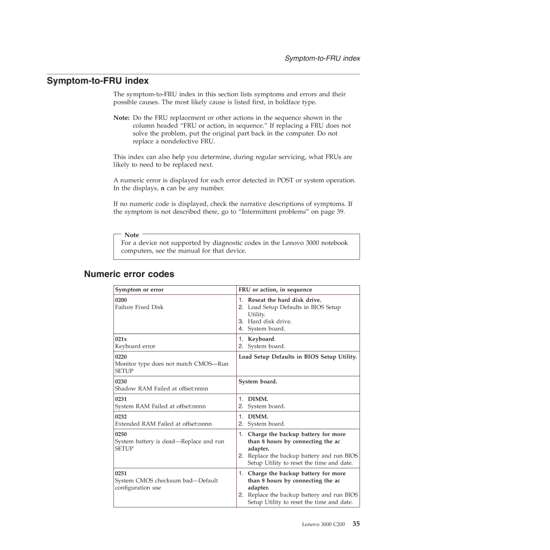 Lenovo 3000 C200 manual Symptom-to-FRU index, Numeric error codes 