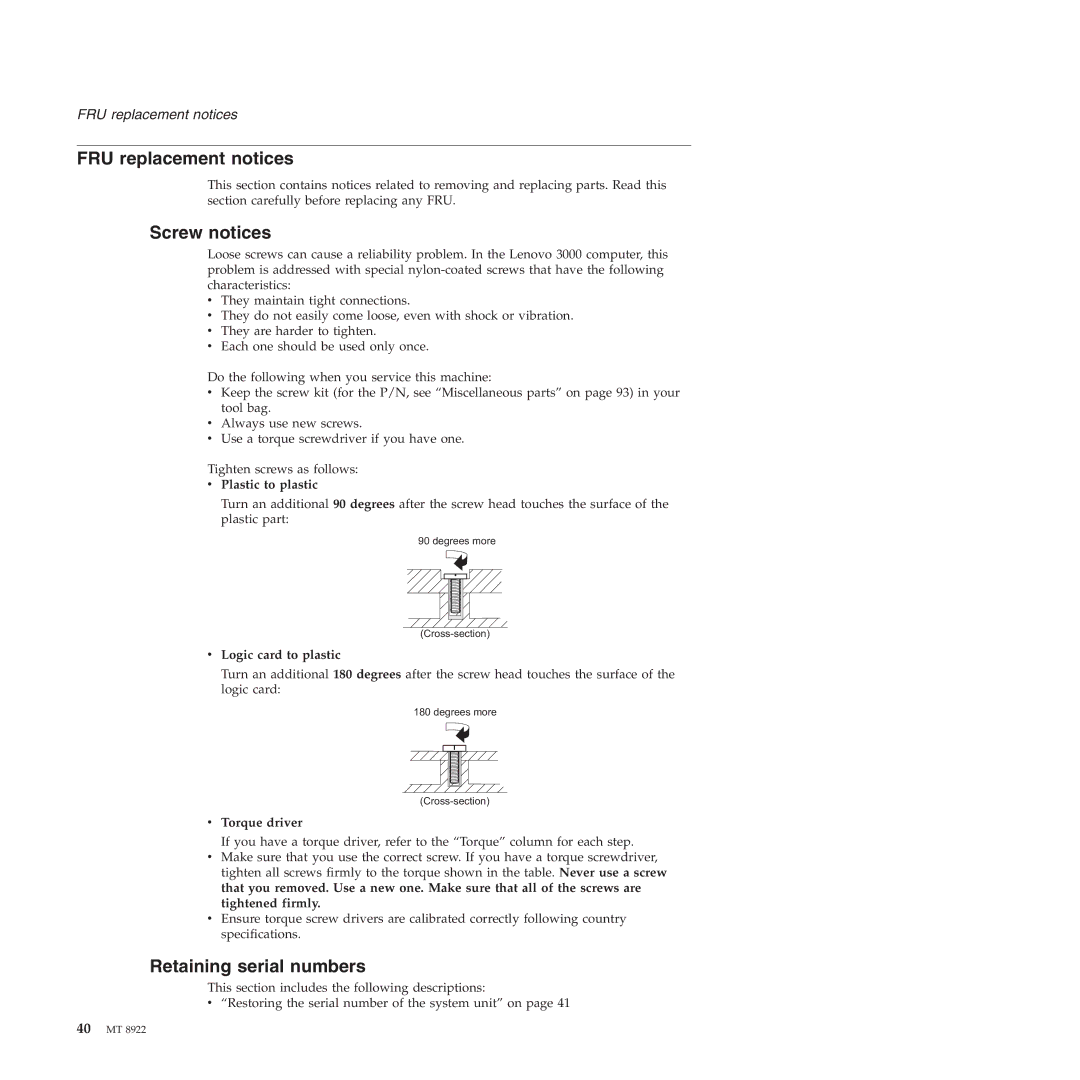 Lenovo 3000 C200 manual FRU replacement notices, Screw notices, Retaining serial numbers 