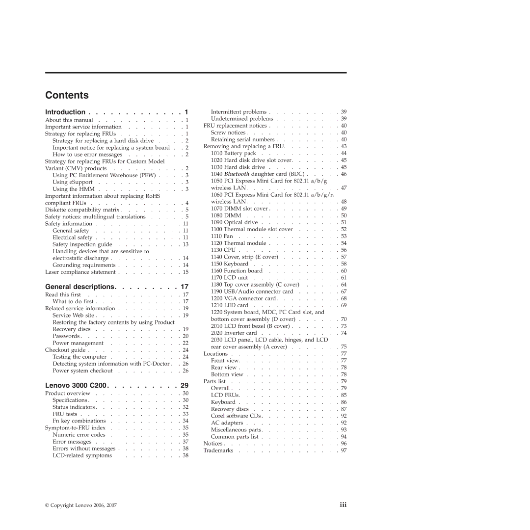 Lenovo 3000 C200 manual Contents 