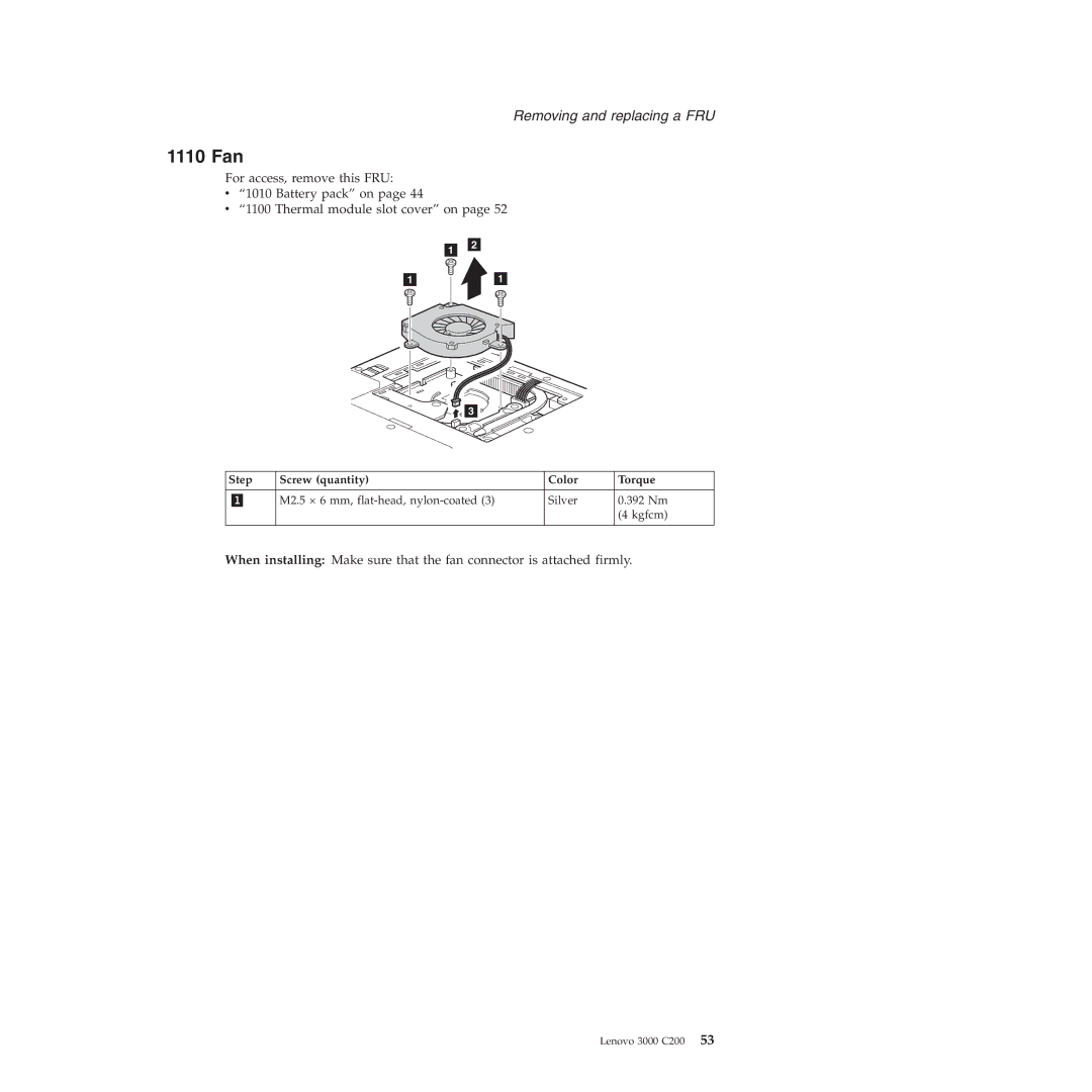 Lenovo 3000 C200 manual 1110 Fan 