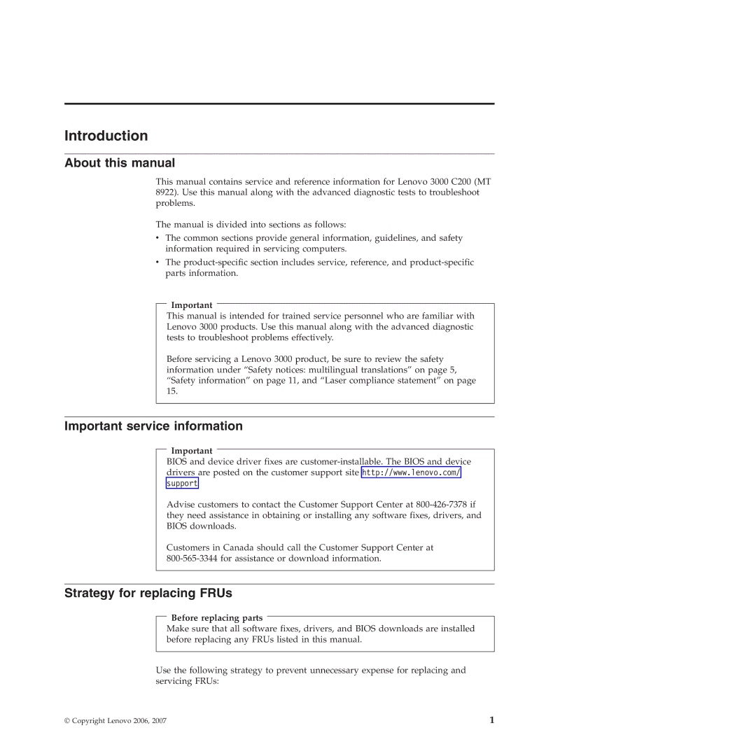 Lenovo 3000 C200 About this manual, Important service information, Strategy for replacing FRUs 