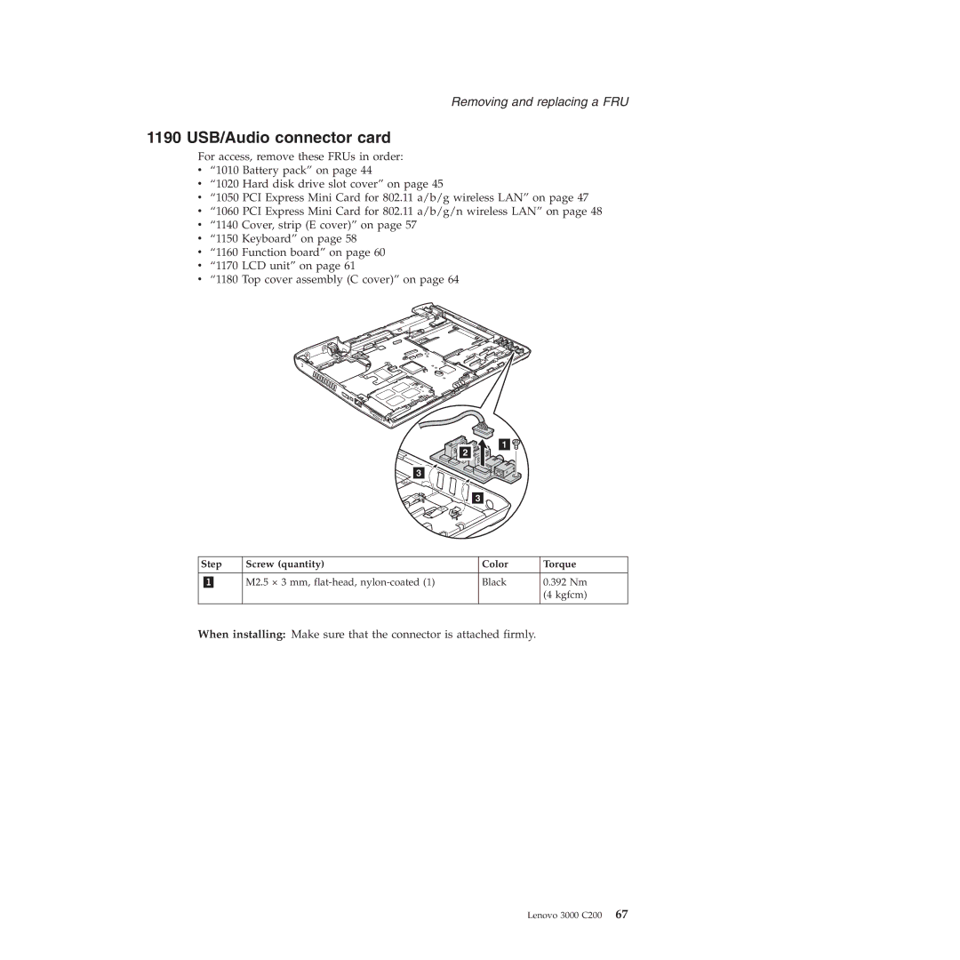 Lenovo 3000 C200 manual 1190 USB/Audio connector card 