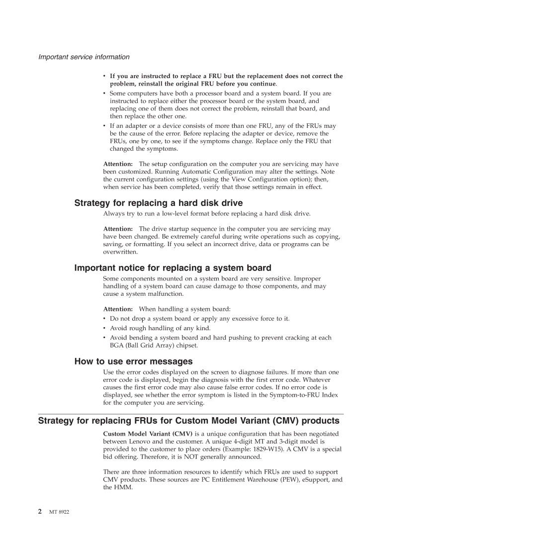 Lenovo 3000 C200 manual Strategy for replacing a hard disk drive, Important notice for replacing a system board 