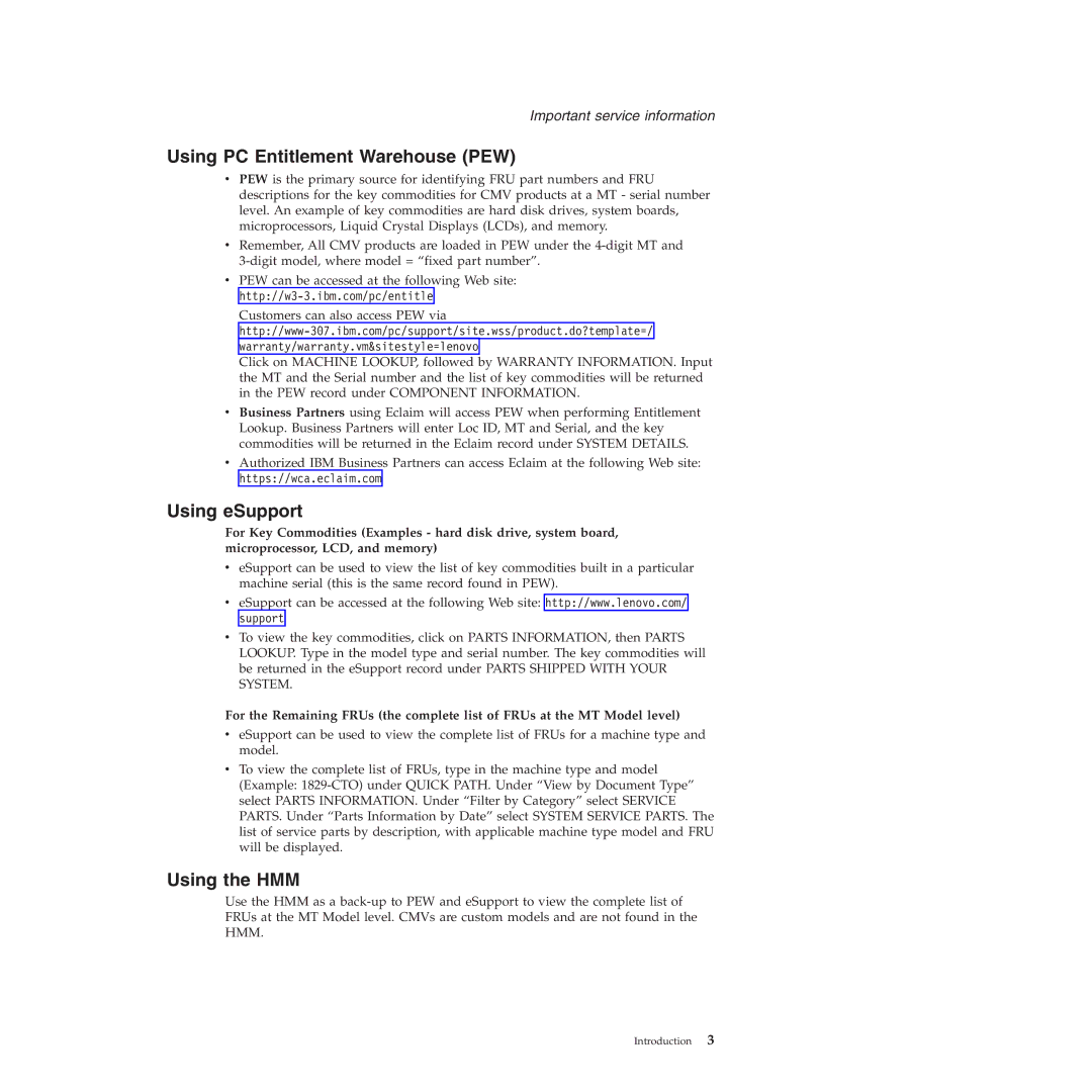Lenovo 3000 C200 manual Using PC Entitlement Warehouse PEW, Using eSupport, Using the HMM 