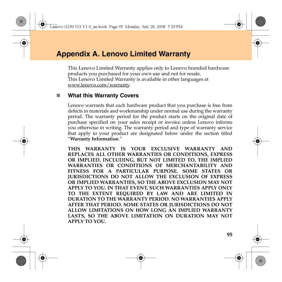 Lenovo 3000 G230 manual Appendix A. Lenovo Limited Warranty, „ What this Warranty Covers 