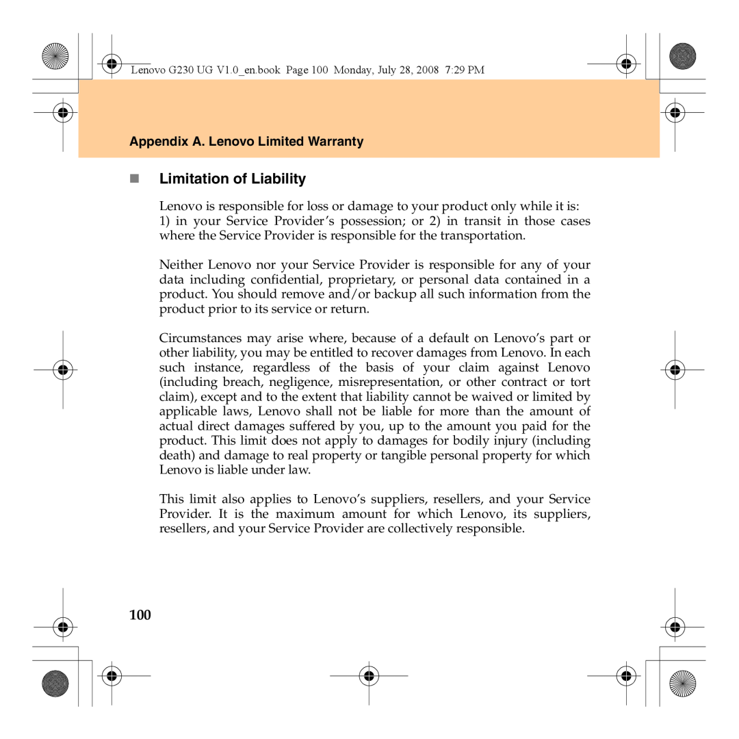 Lenovo 3000 G230 manual „ Limitation of Liability, Appendix A. Lenovo Limited Warranty 