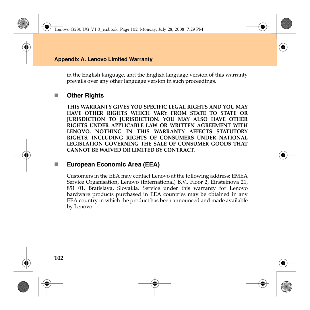 Lenovo 3000 G230 manual „ Other Rights, „ European Economic Area EEA, Appendix A. Lenovo Limited Warranty 