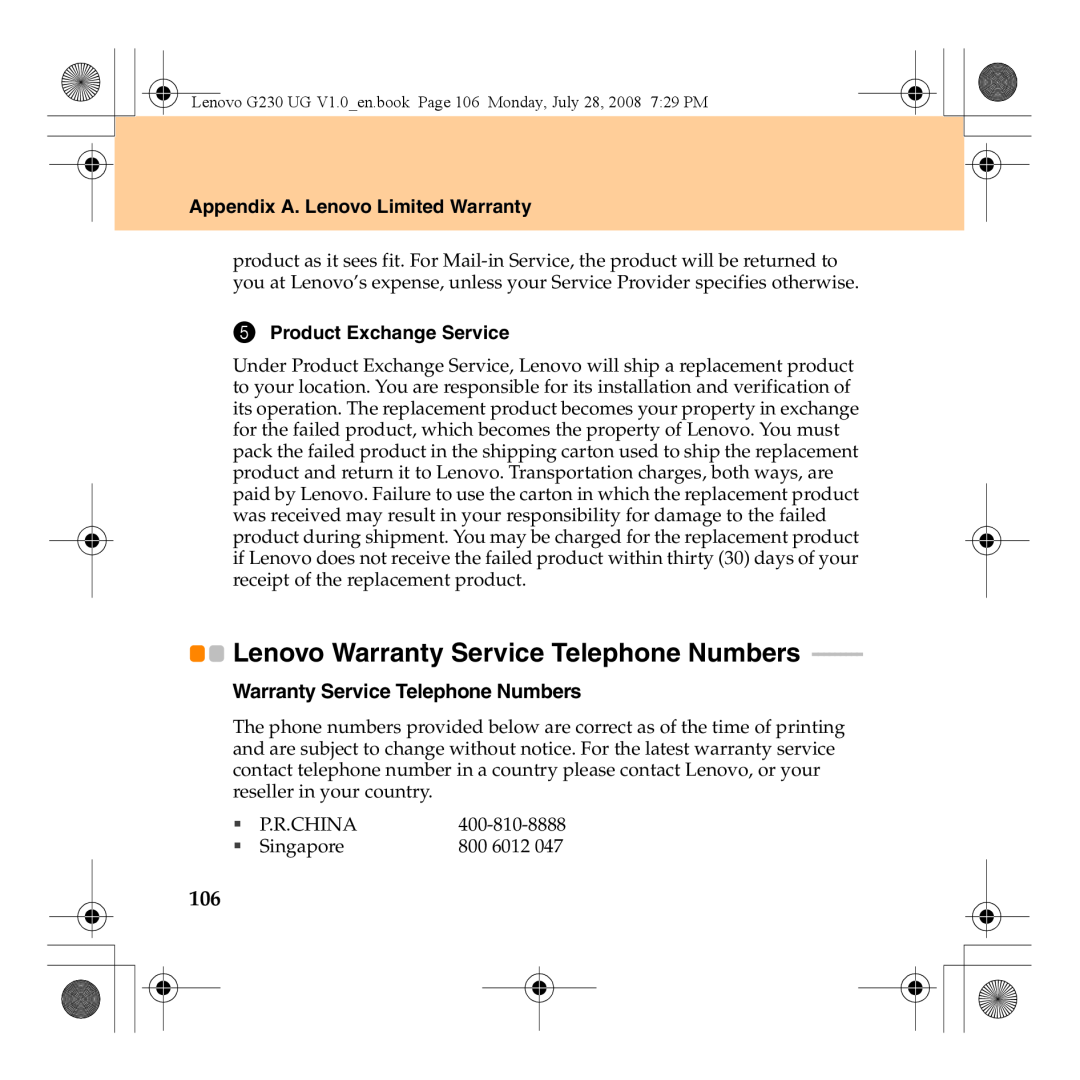 Lenovo 3000 G230 Lenovo Warranty Service Telephone Numbers, Appendix A. Lenovo Limited Warranty, Product Exchange Service 
