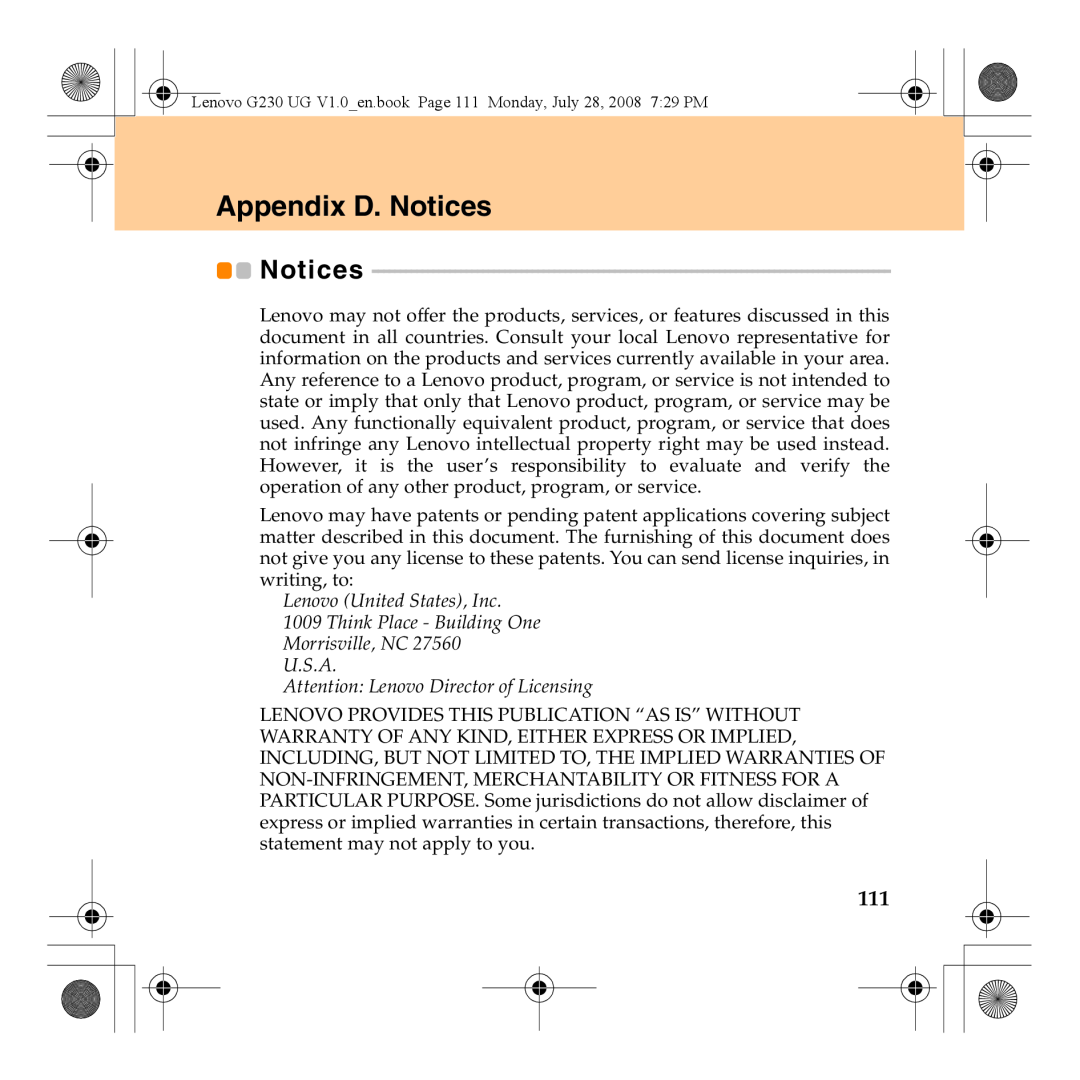Lenovo 3000 G230 manual Appendix D. Notices, Lenovo United States, Inc 1009 Think Place - Building One 