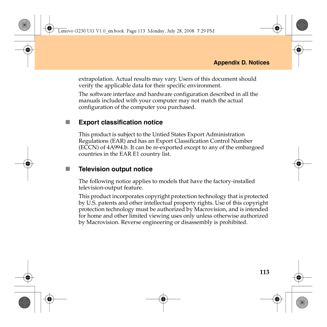 Lenovo 3000 G230 manual „ Export classification notice, „ Television output notice, Appendix D. Notices 