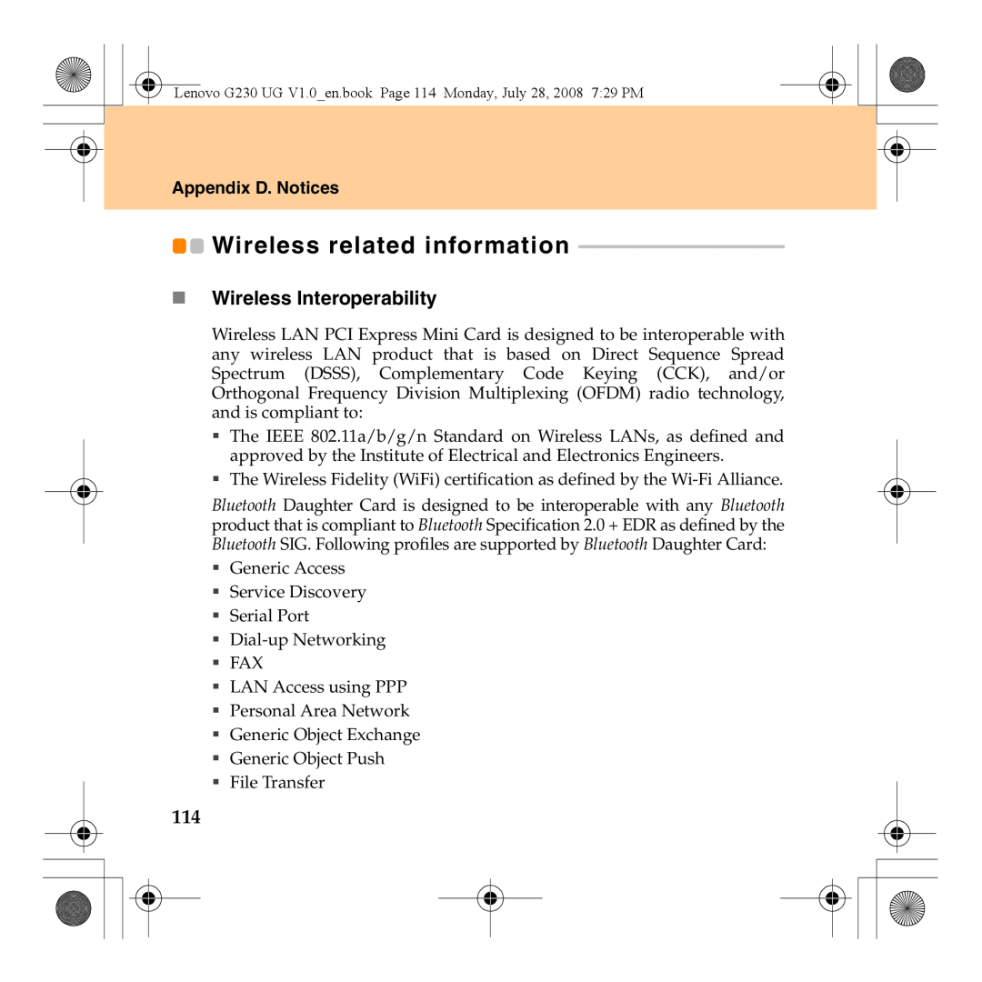 Lenovo 3000 G230 manual Wireless related information, „ Wireless Interoperability, Appendix D. Notices 