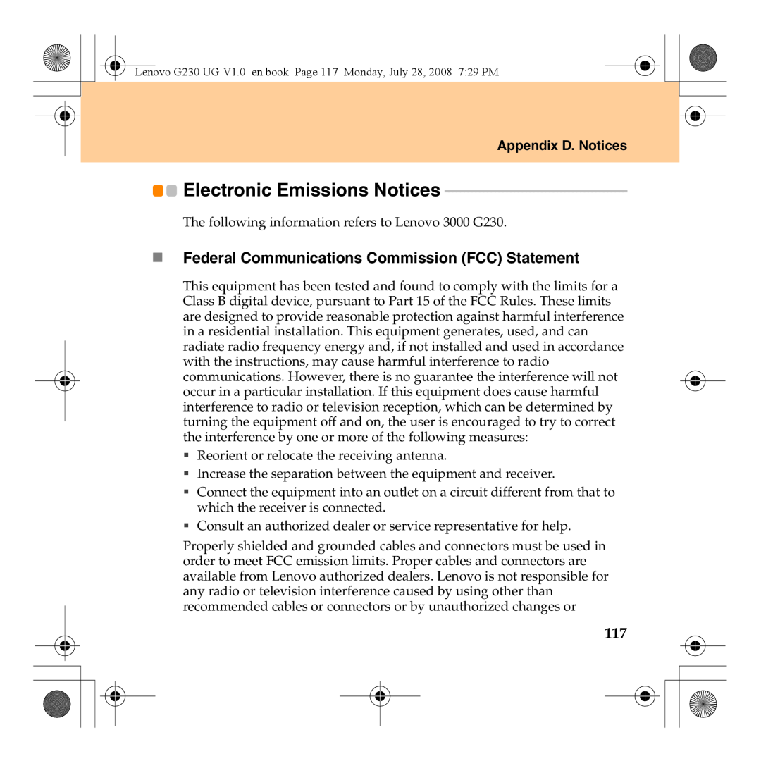 Lenovo 3000 G230 Electronic Emissions Notices, „ Federal Communications Commission FCC Statement, Appendix D. Notices 