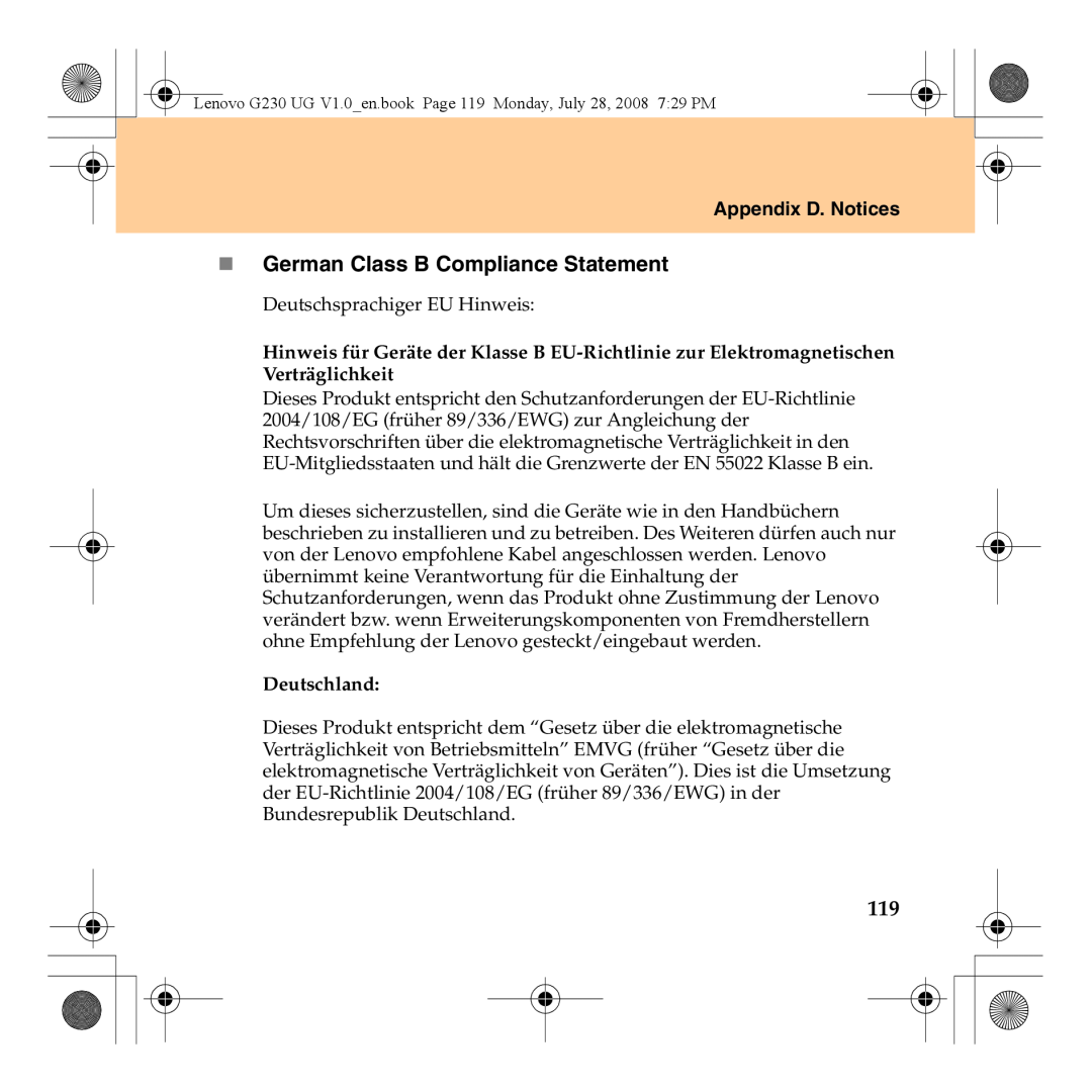 Lenovo 3000 G230 manual „ German Class B Compliance Statement, Appendix D. Notices, Deutschland 