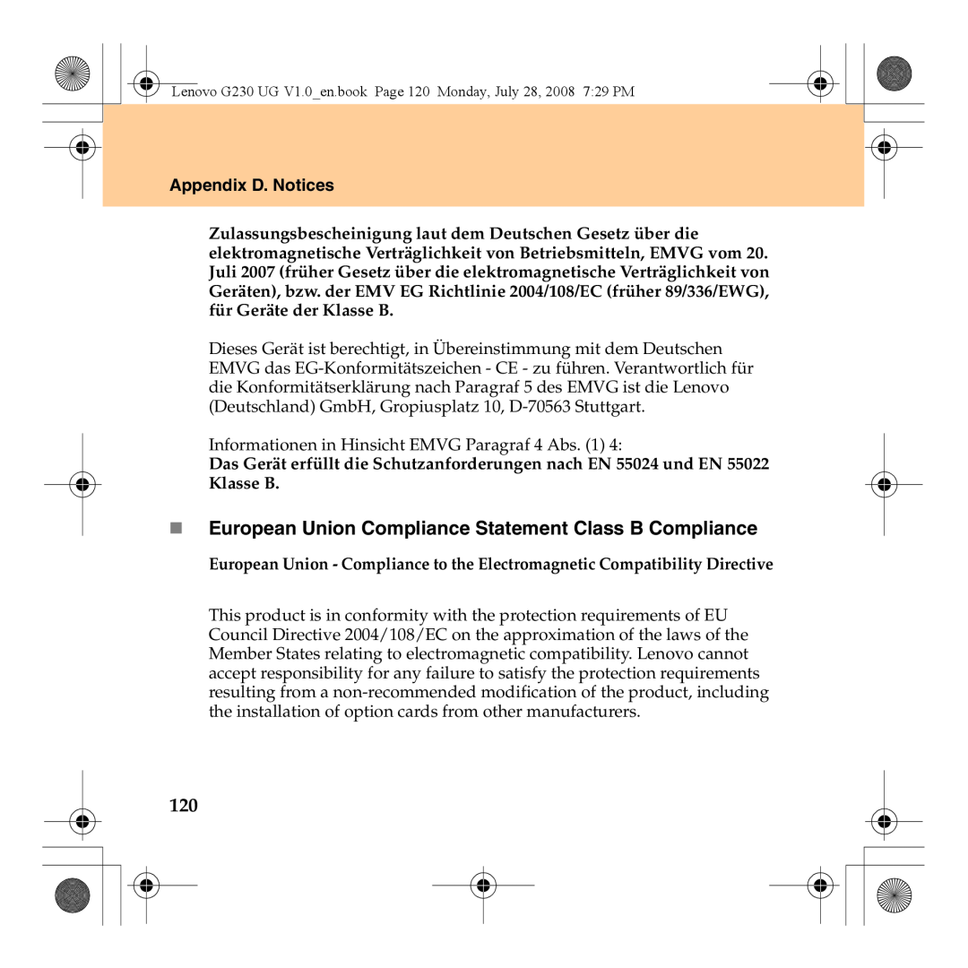 Lenovo 3000 G230 manual „ European Union Compliance Statement Class B Compliance, Appendix D. Notices 