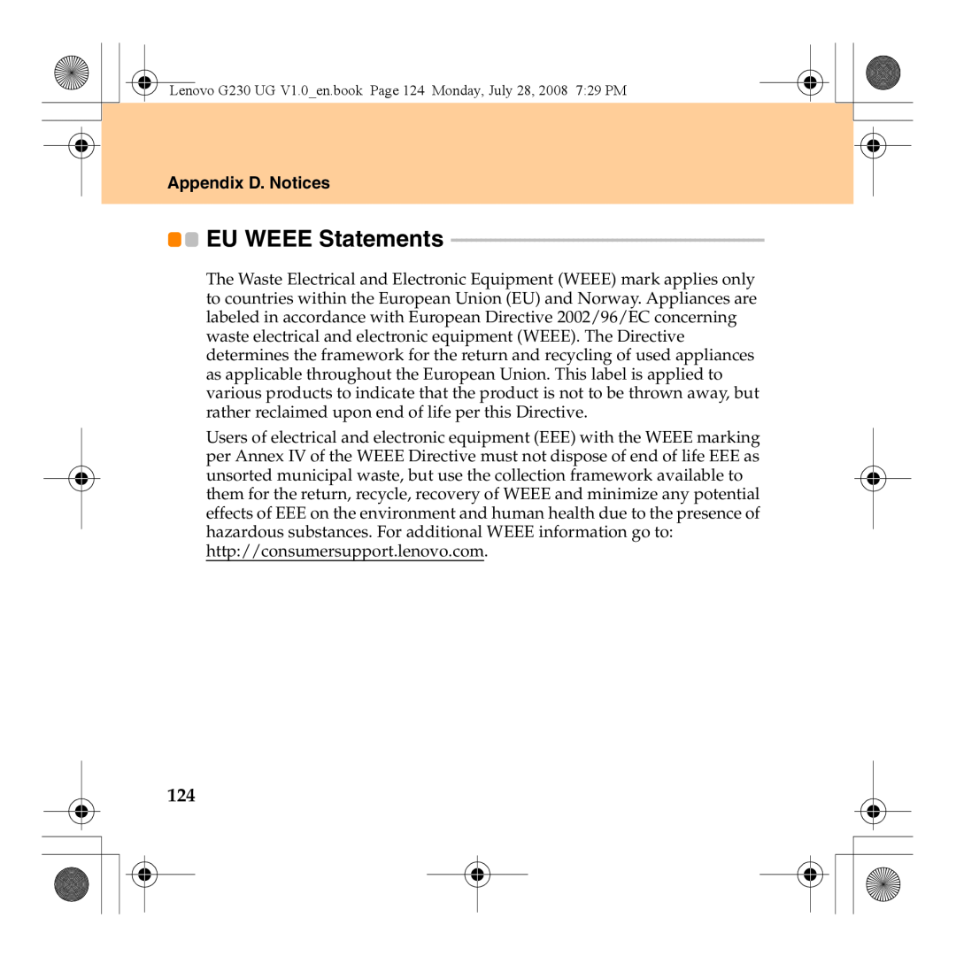 Lenovo 3000 G230 EU WEEE Statements, Appendix D. Notices, Lenovo G230 UG V1.0en.book Page 124 Monday, July 28, 2008 729 PM 