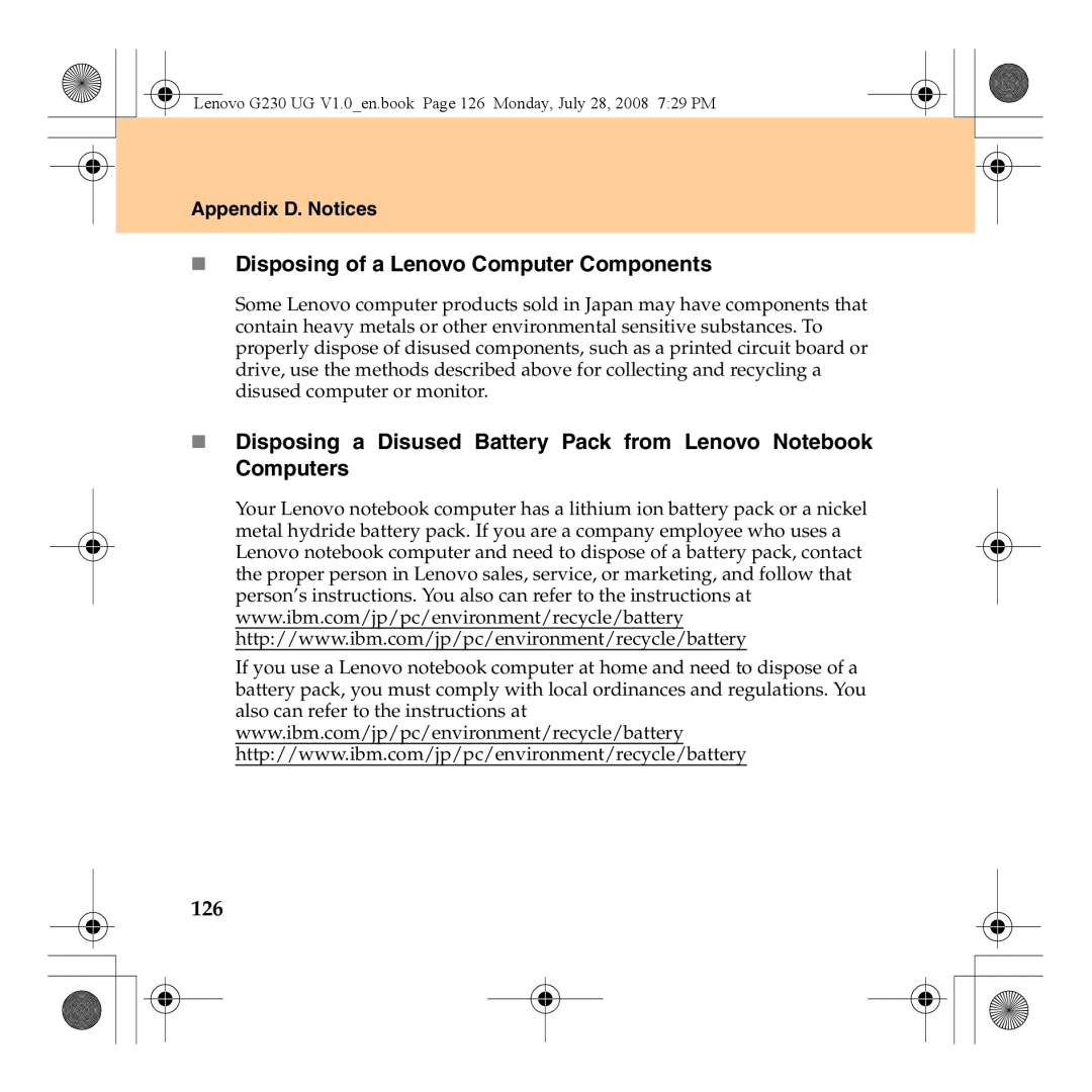 Lenovo 3000 G230 manual „ Disposing of a Lenovo Computer Components, Appendix D. Notices 