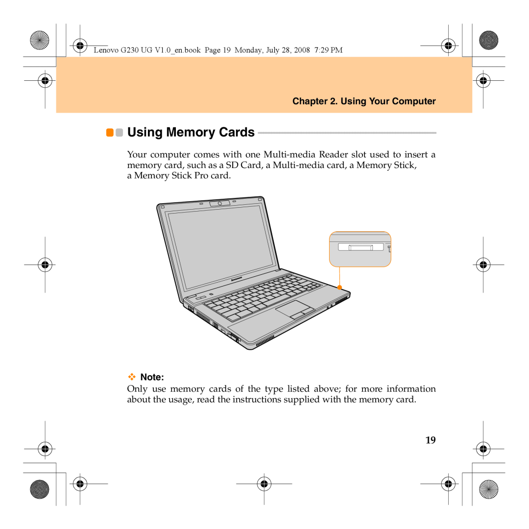 Lenovo 3000 G230 manual Using Memory Cards, Using Your Computer 