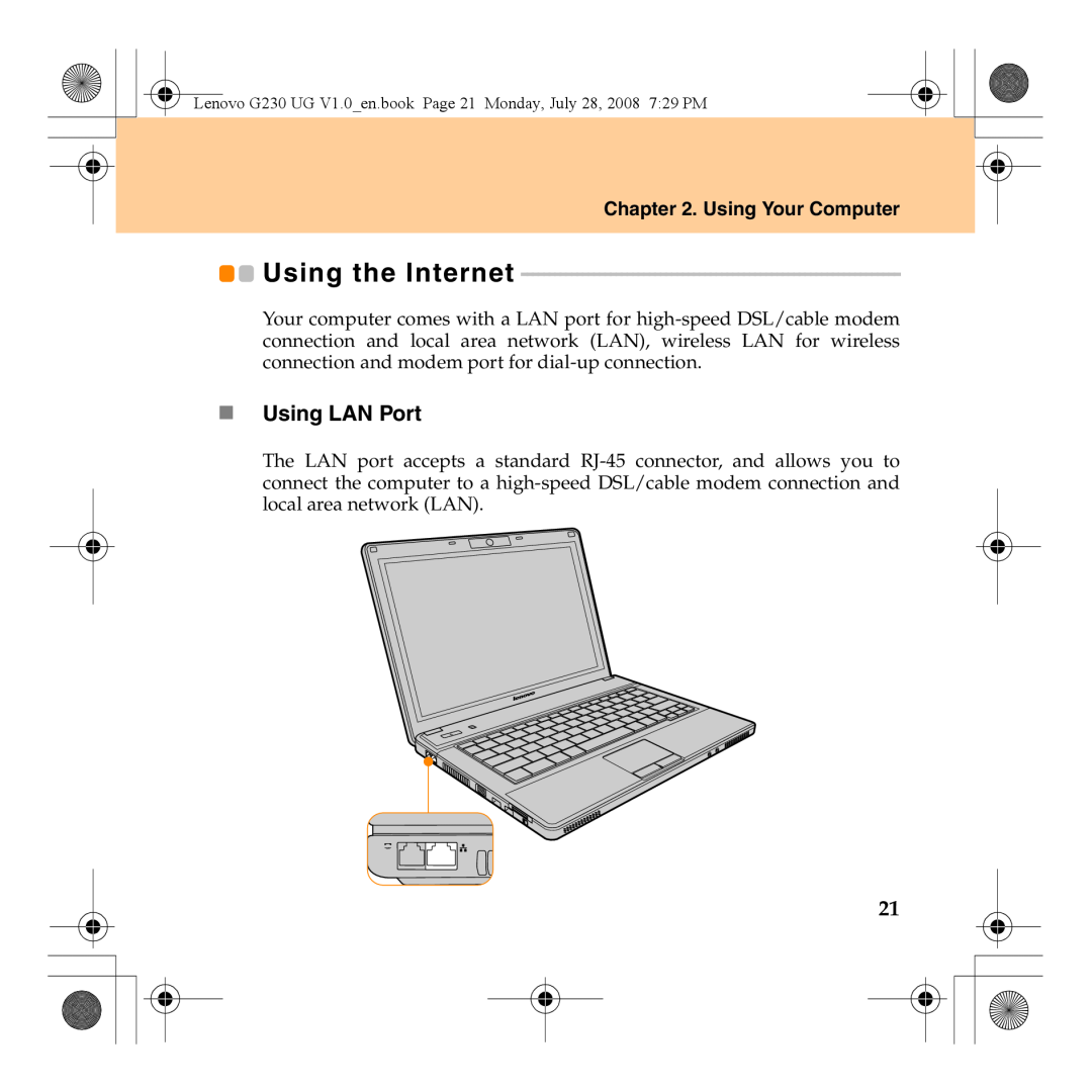 Lenovo 3000 G230 manual Using the Internet, „ Using LAN Port, Using Your Computer 