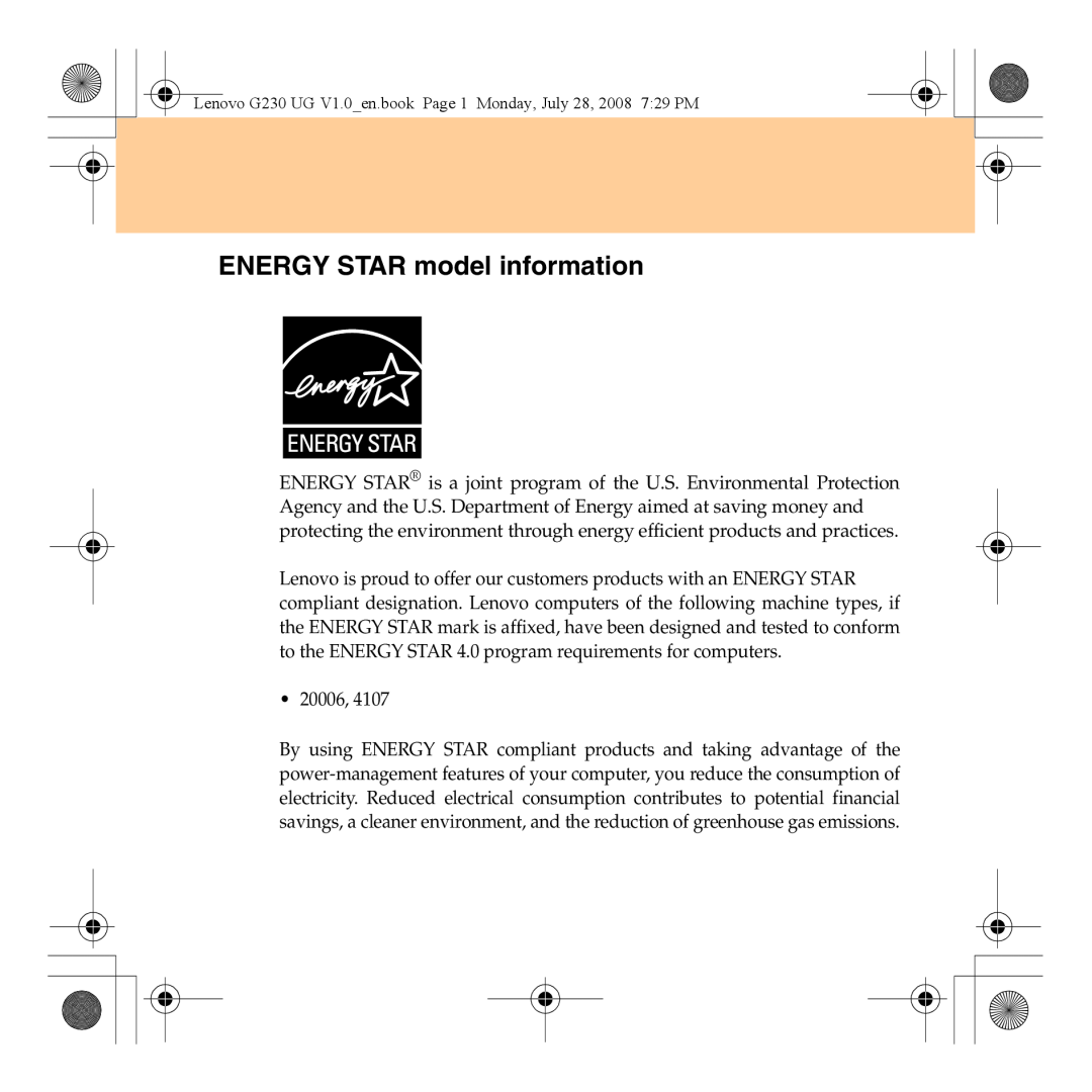Lenovo 3000 G230 manual ENERGY STAR model information 