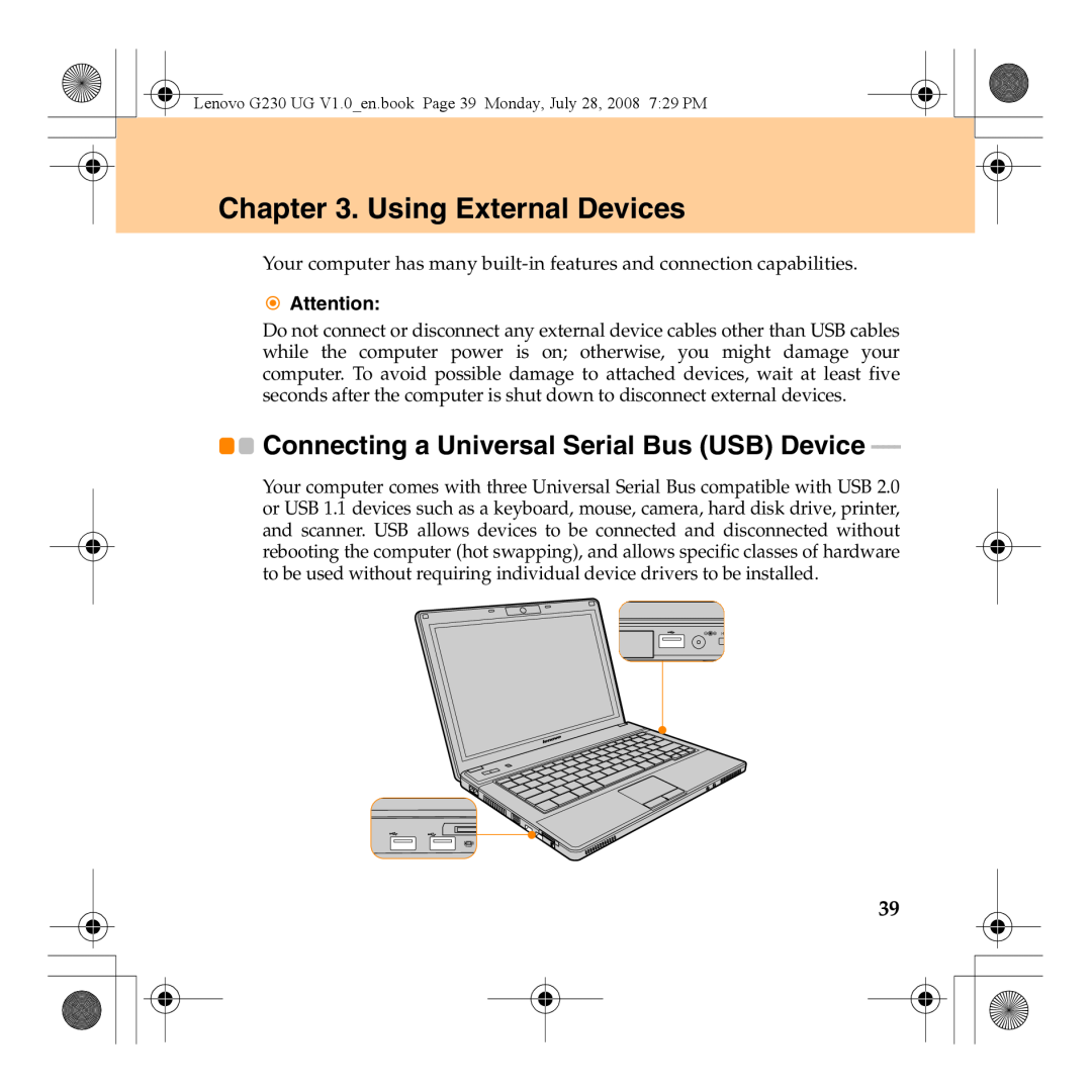 Lenovo 3000 G230 manual Using External Devices, Connecting a Universal Serial Bus USB Device 