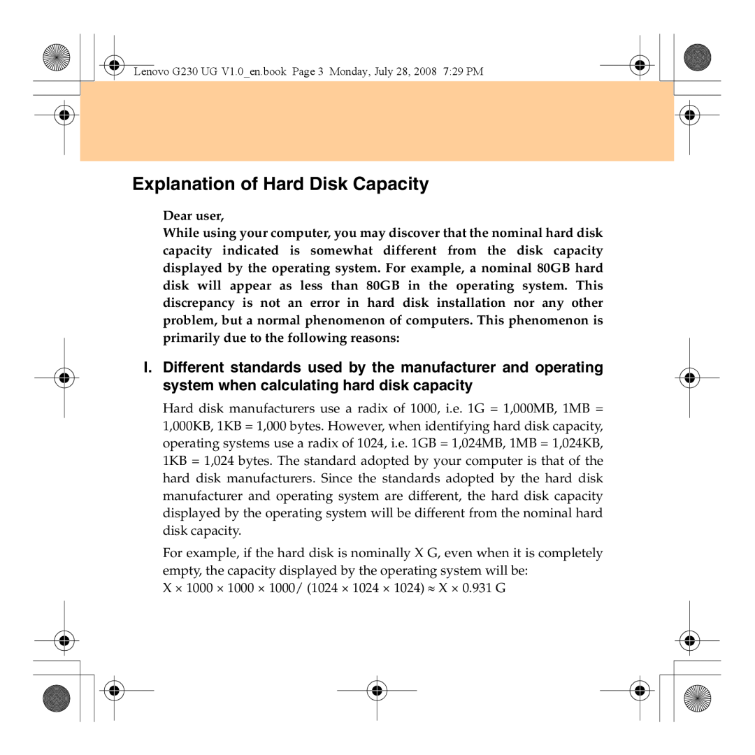 Lenovo 3000 G230 manual Explanation of Hard Disk Capacity 