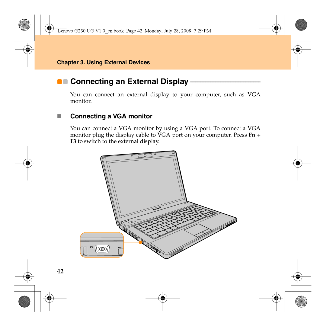 Lenovo 3000 G230 manual Connecting an External Display, „ Connecting a VGA monitor, Using External Devices 