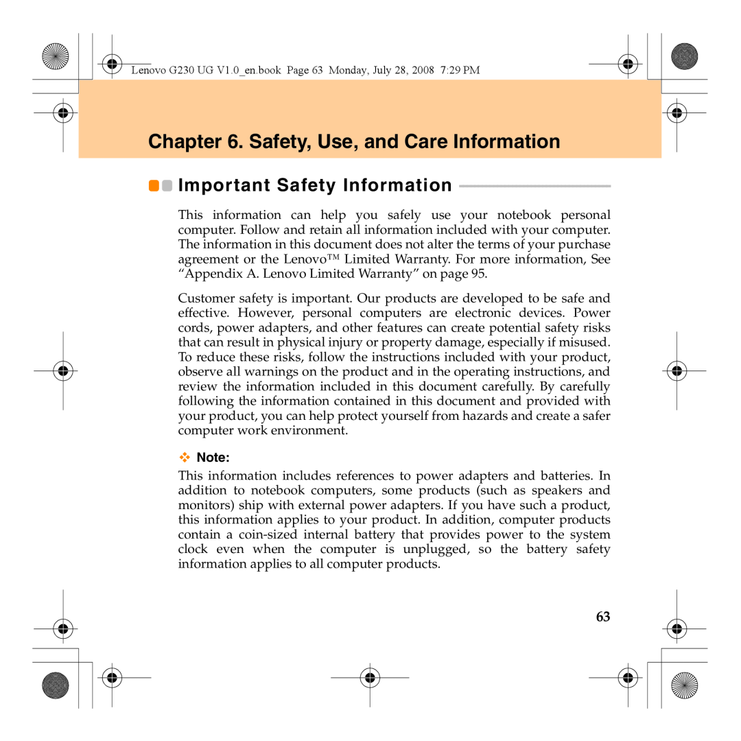 Lenovo 3000 G230 manual Safety, Use, and Care Information, Important Safety Information 