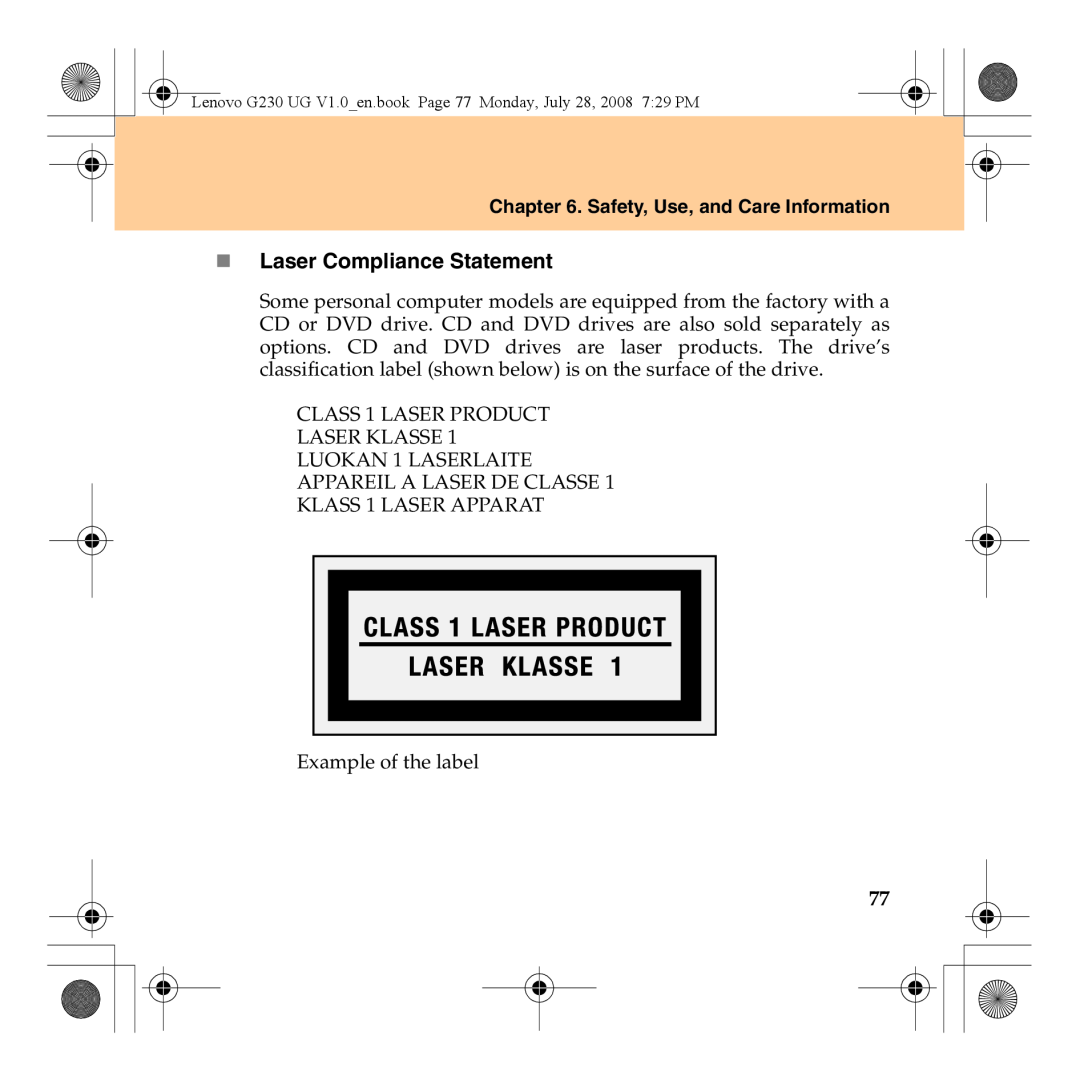 Lenovo 3000 G230 manual „ Laser Compliance Statement, Safety, Use, and Care Information 