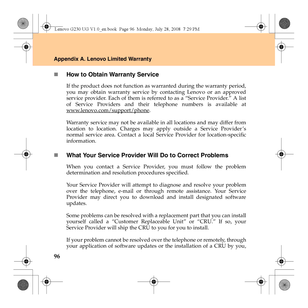 Lenovo 3000 G230 manual „ How to Obtain Warranty Service, „ What Your Service Provider Will Do to Correct Problems 