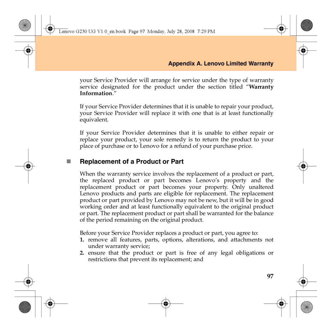 Lenovo 3000 G230 manual „ Replacement of a Product or Part 