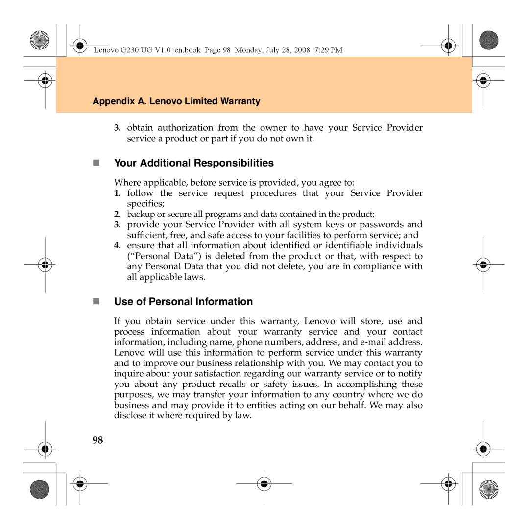 Lenovo 3000 G230 manual „ Your Additional Responsibilities, „ Use of Personal Information 