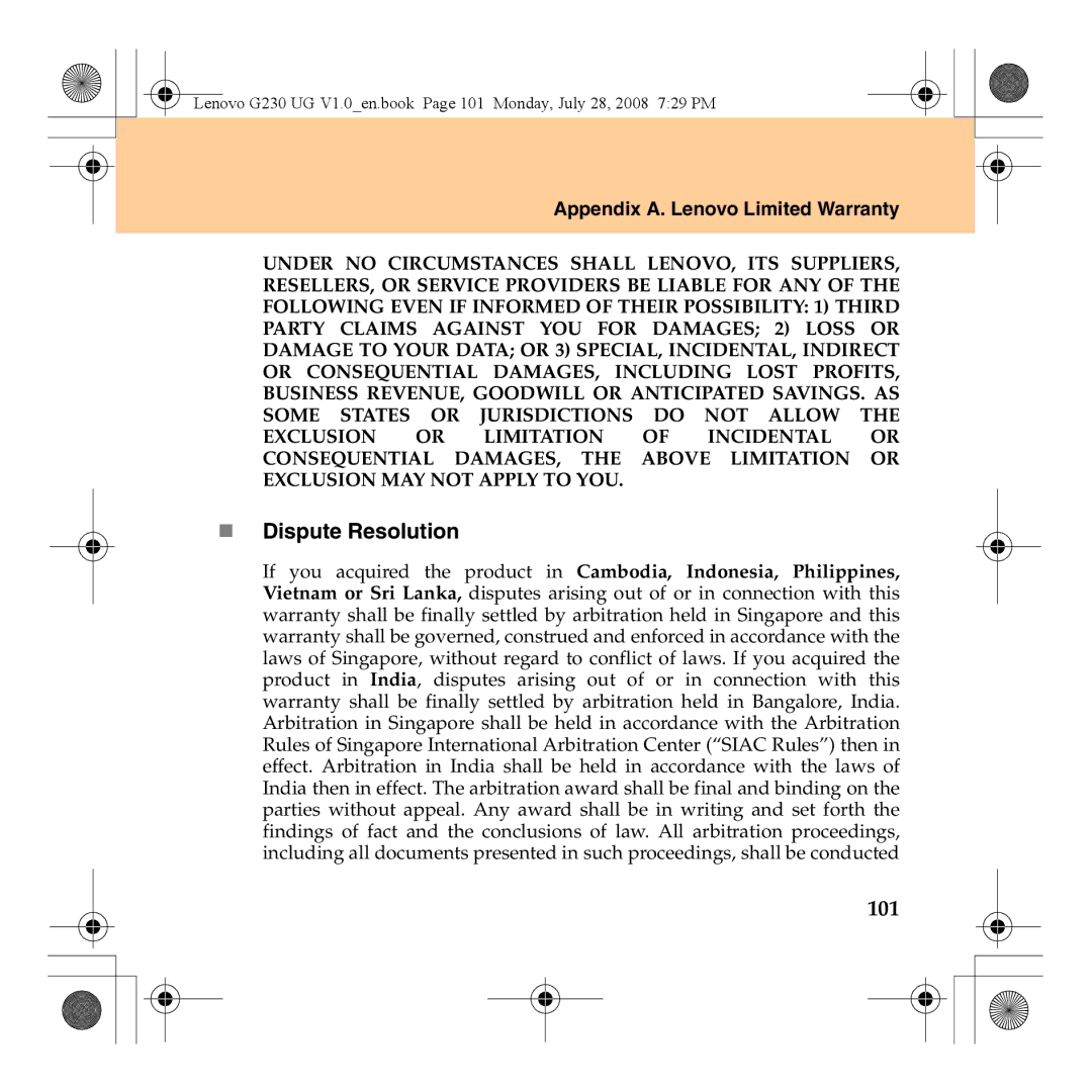 Lenovo 3000 G230 manual „ Dispute Resolution, 101 