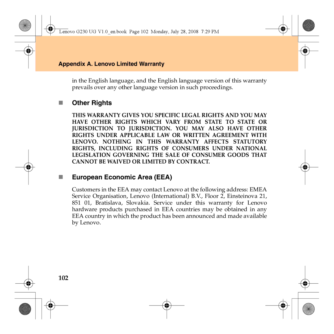 Lenovo 3000 G230 manual „ Other Rights, „ European Economic Area EEA, 102 