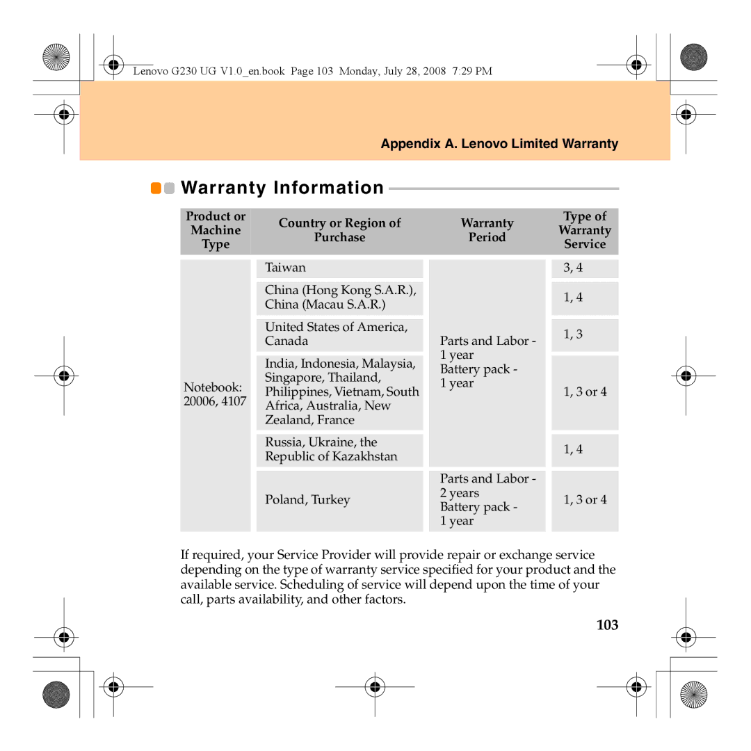 Lenovo 3000 G230 manual Warranty Information, 103 