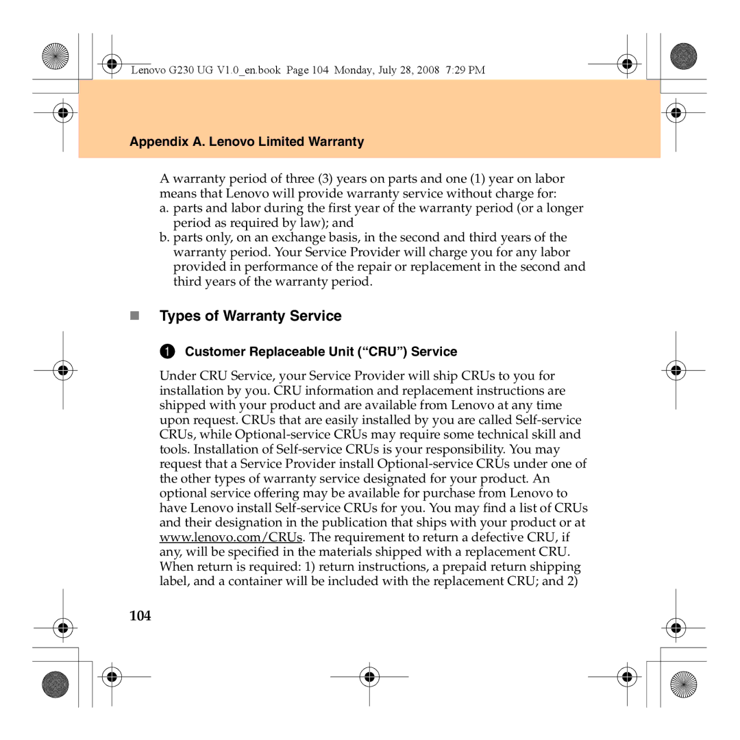 Lenovo 3000 G230 manual „ Types of Warranty Service, 104, Customer Replaceable Unit CRU Service 