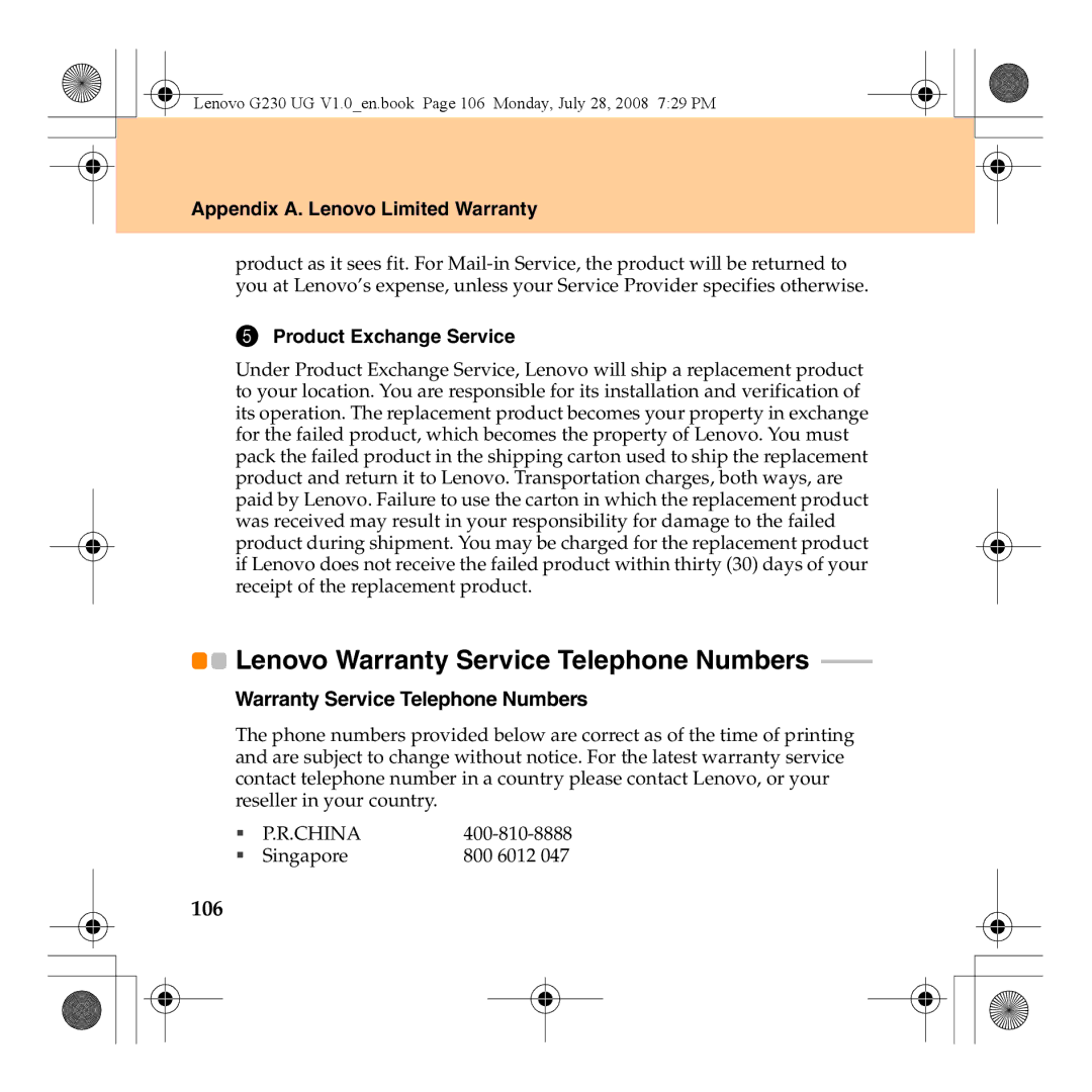 Lenovo 3000 G230 manual 106, Product Exchange Service, Warranty Service Telephone Numbers 