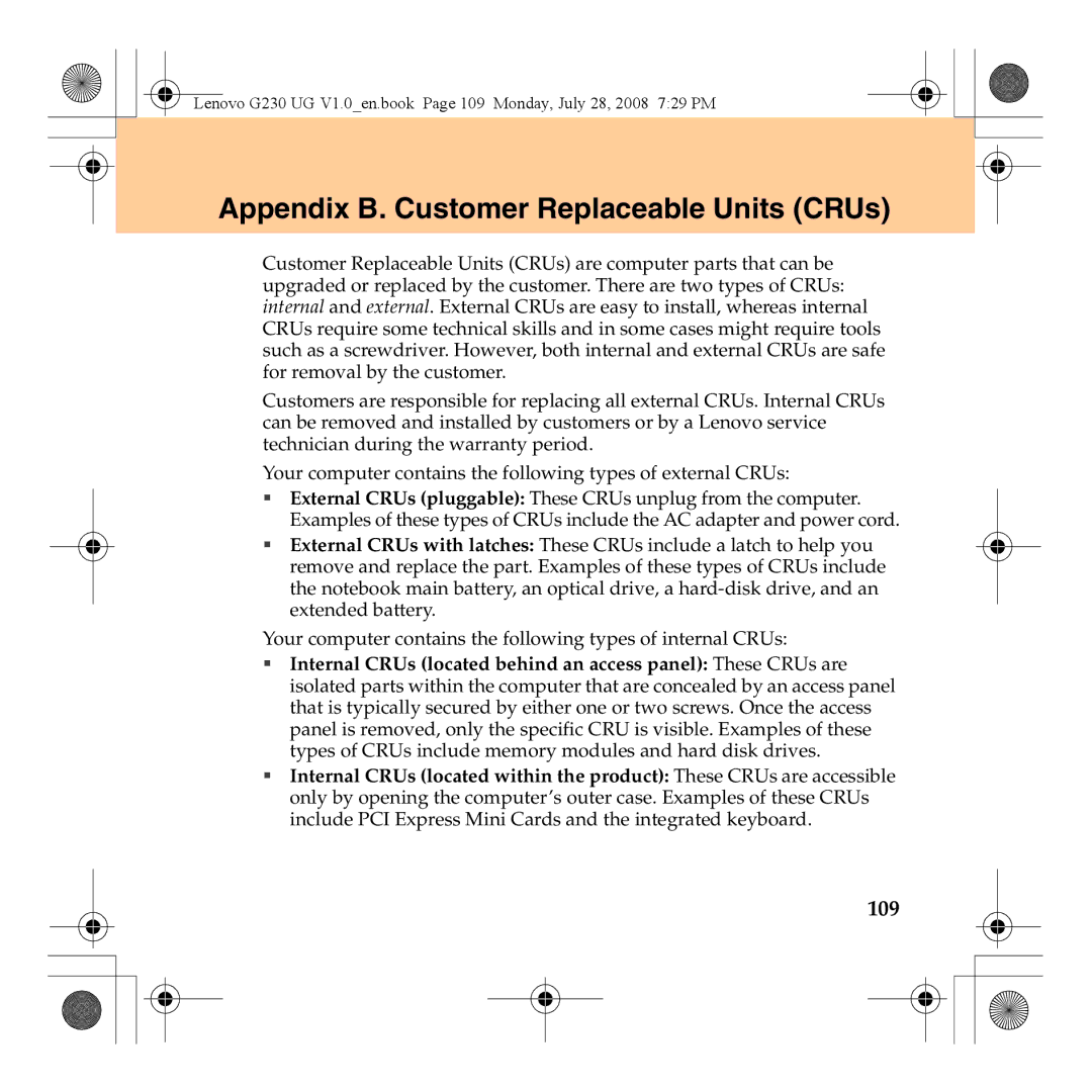 Lenovo 3000 G230 manual Appendix B. Customer Replaceable Units CRUs, 109 