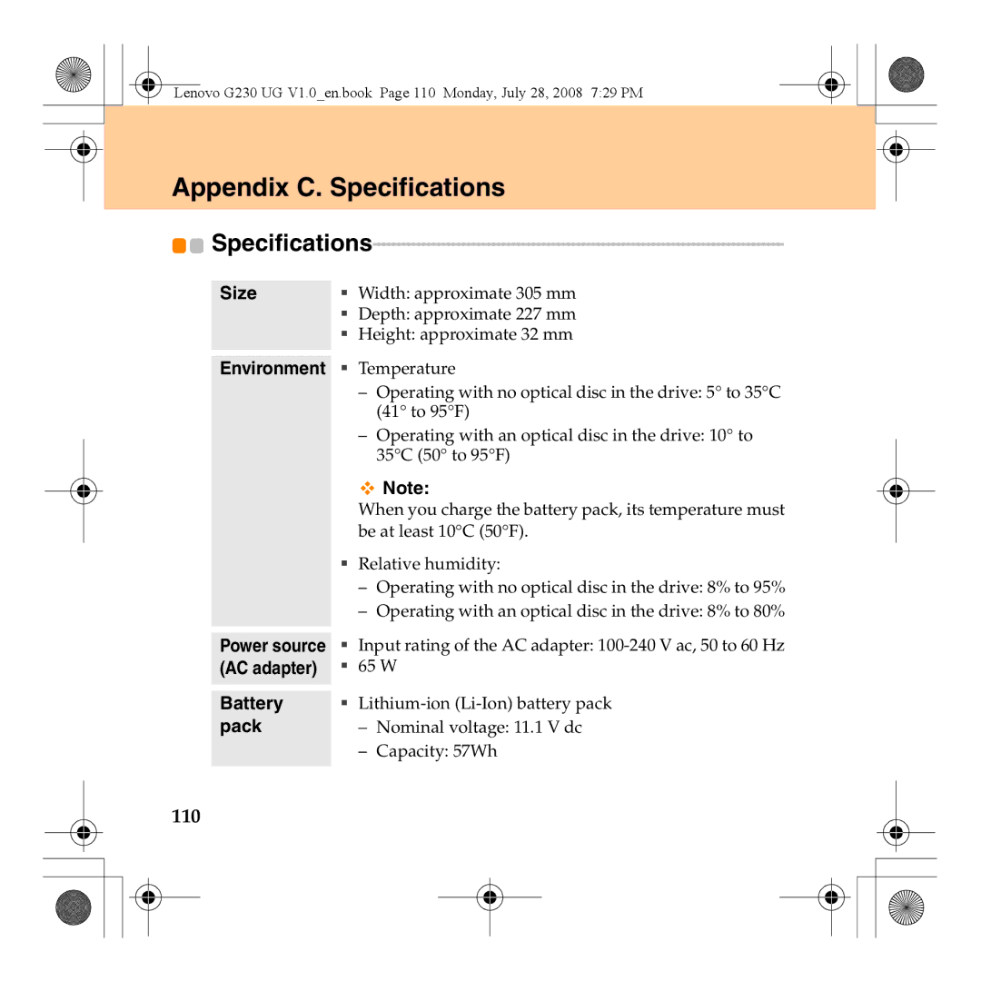 Lenovo 3000 G230 manual Appendix C. Specifications, 110, Size Environment, Battery pack 