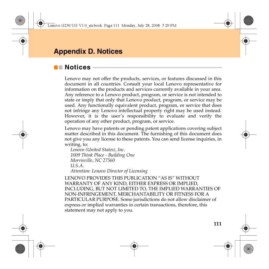 Lenovo 3000 G230 manual Appendix D. Notices, 111 