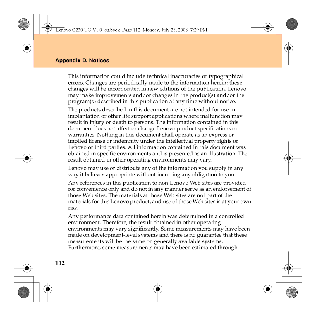 Lenovo 3000 G230 manual 112, Appendix D. Notices 