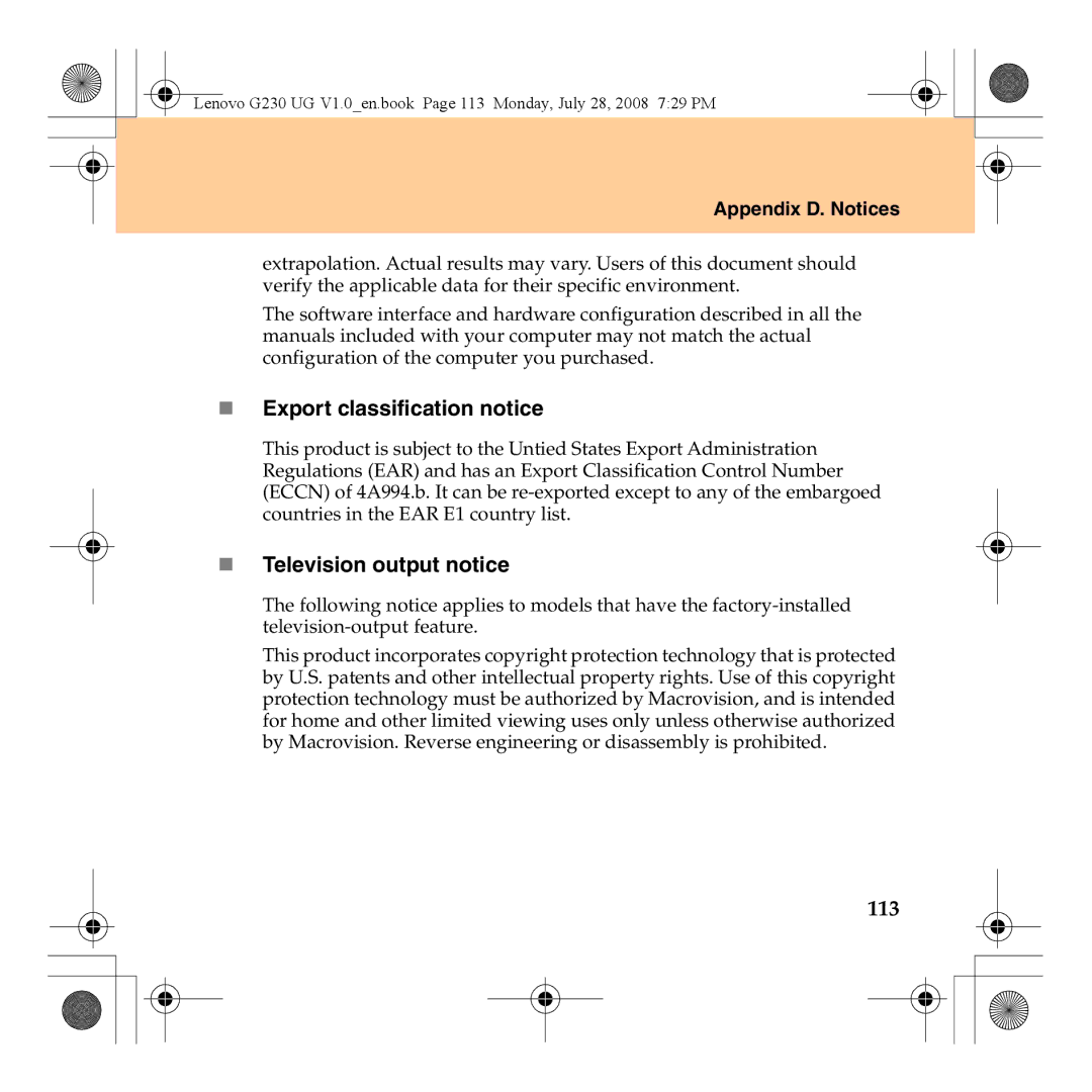 Lenovo 3000 G230 manual „ Export classification notice, „ Television output notice, 113 